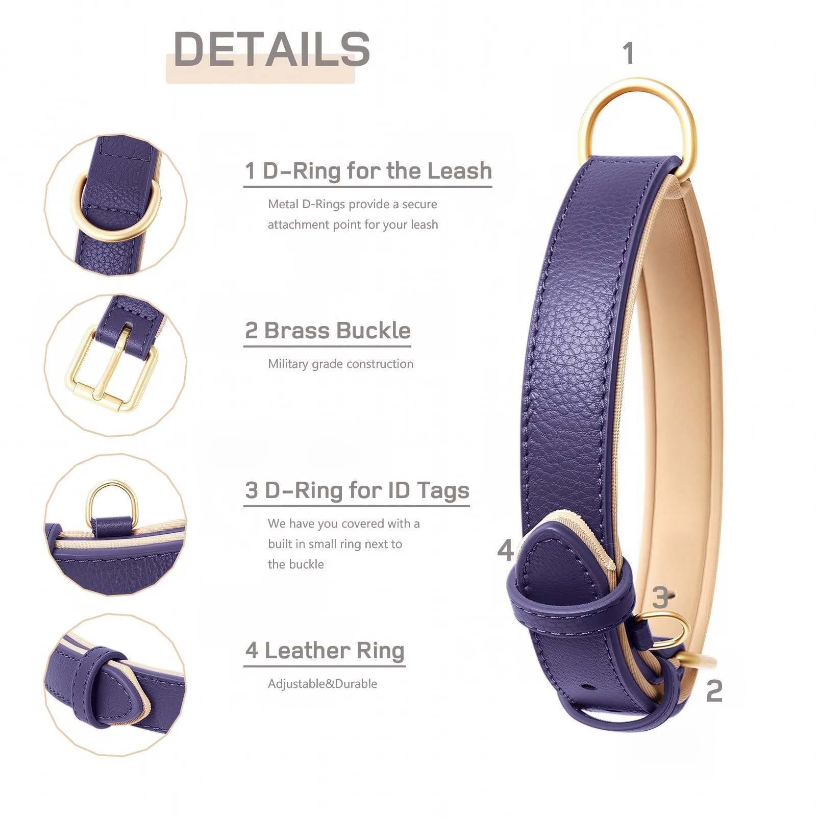 HEELE Collare Cane in Pelle Imbottito, Viola, L - immagine 3