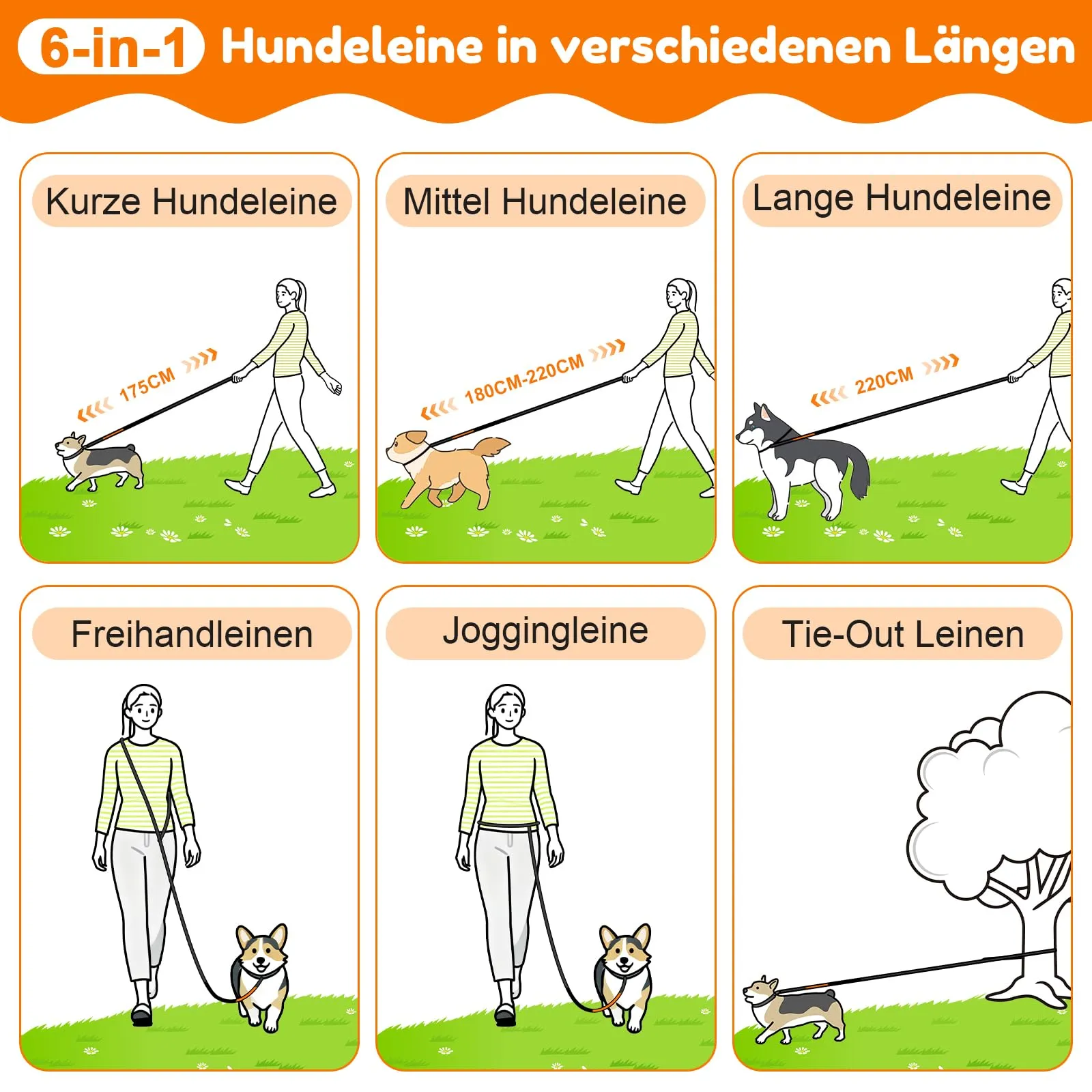 X XBEN Guinzaglio Cani Mani Libere Multifunzionale, 2,35 m, Nero - immagine 5