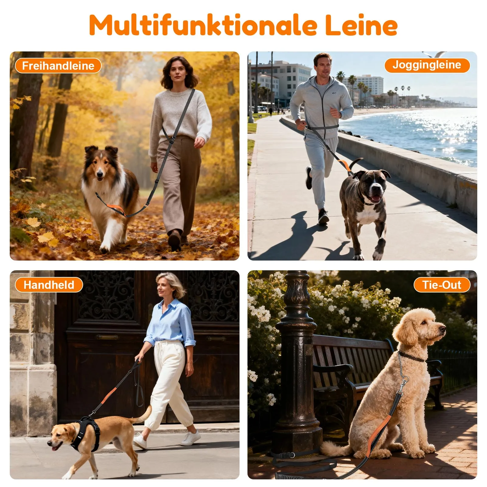 X XBEN Guinzaglio Cani Mani Libere Multifunzionale, 2,35 m, Nero - immagine 7