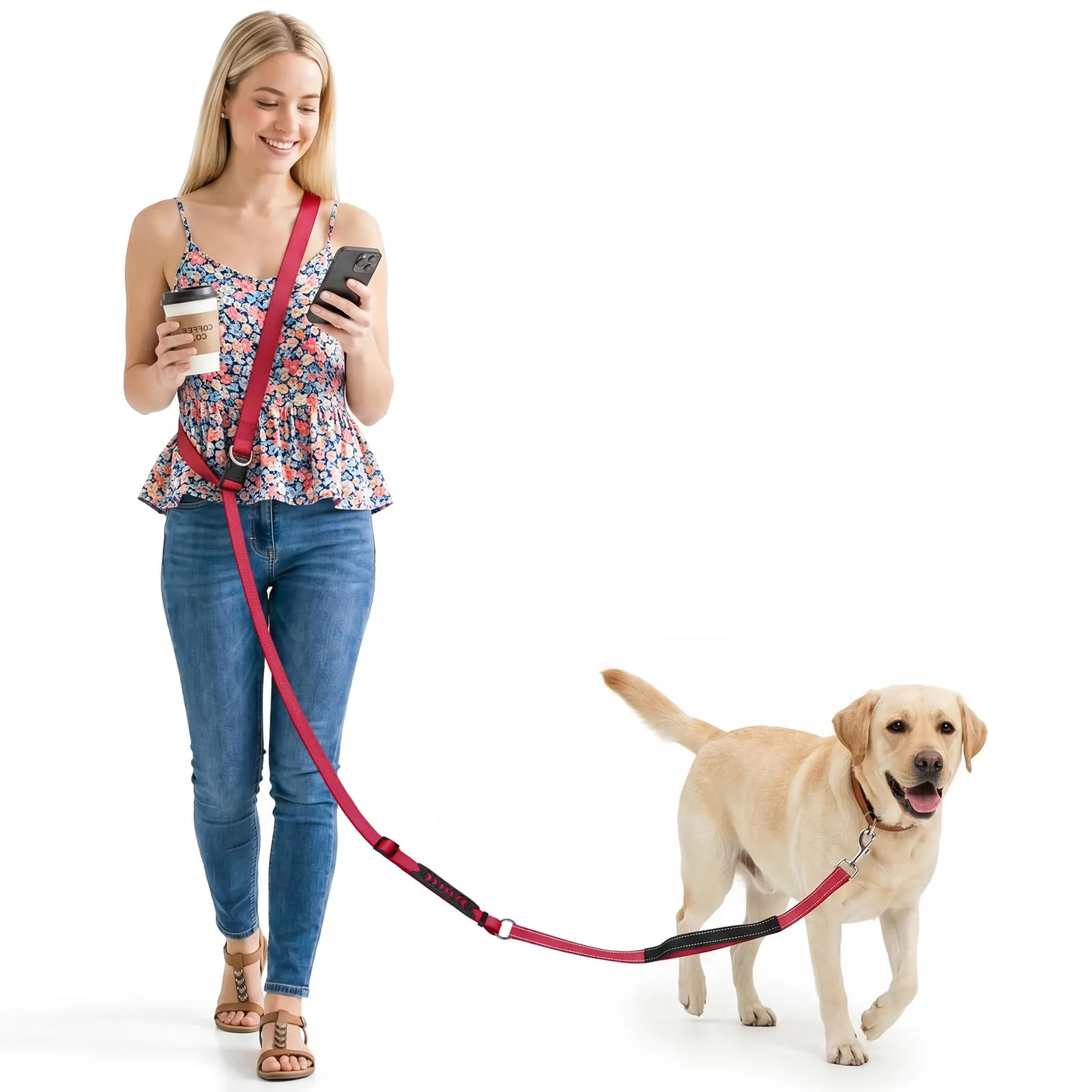 X XBEN Guinzaglio Cani Mani Libere Multifunzionale 3 in 1, Lunghezza Regolabile 80 cm - 2,35 m, Rosso - immagine 1