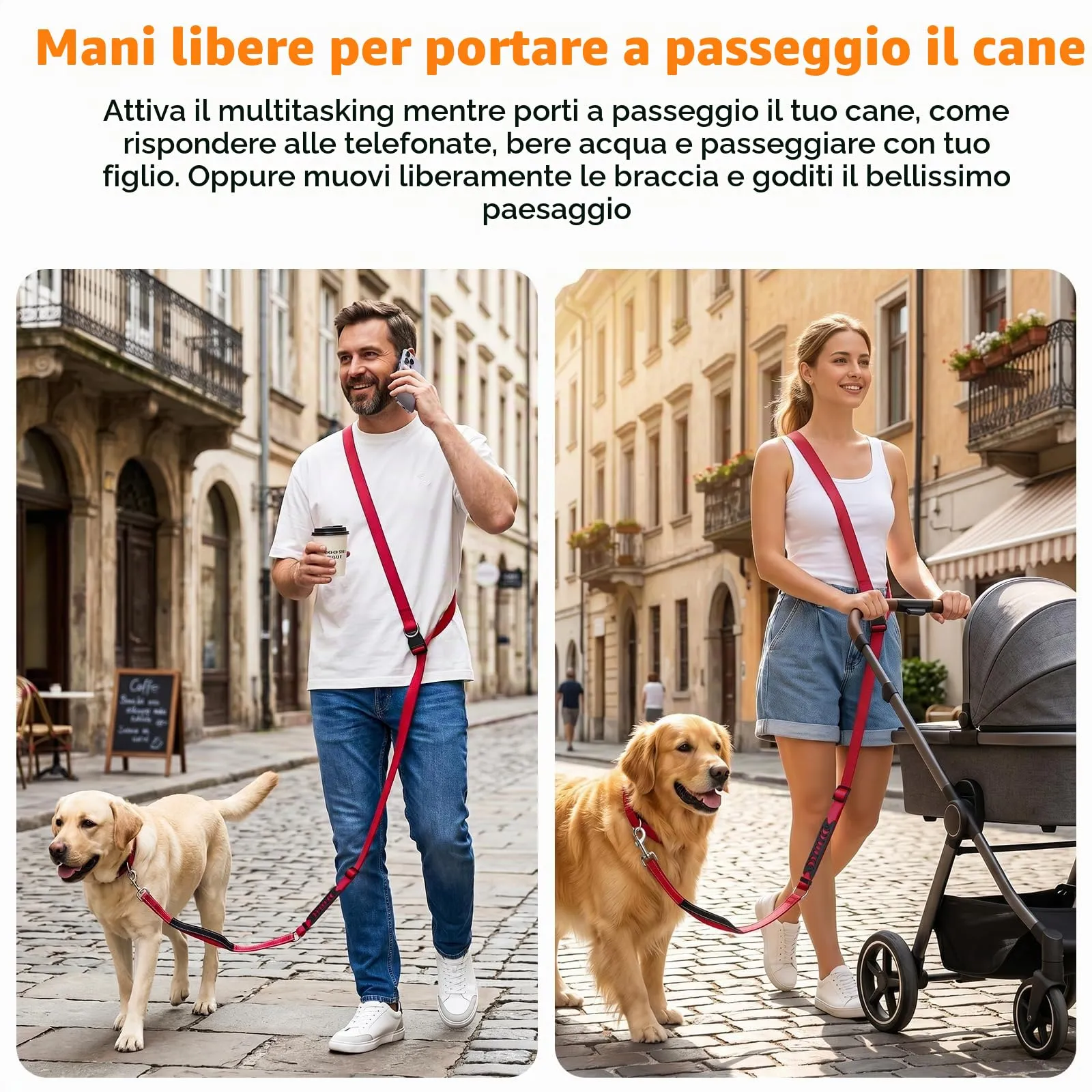 X XBEN Guinzaglio Cani Mani Libere Multifunzionale 3 in 1, Lunghezza Regolabile 80 cm - 2,35 m, Rosso - immagine 3