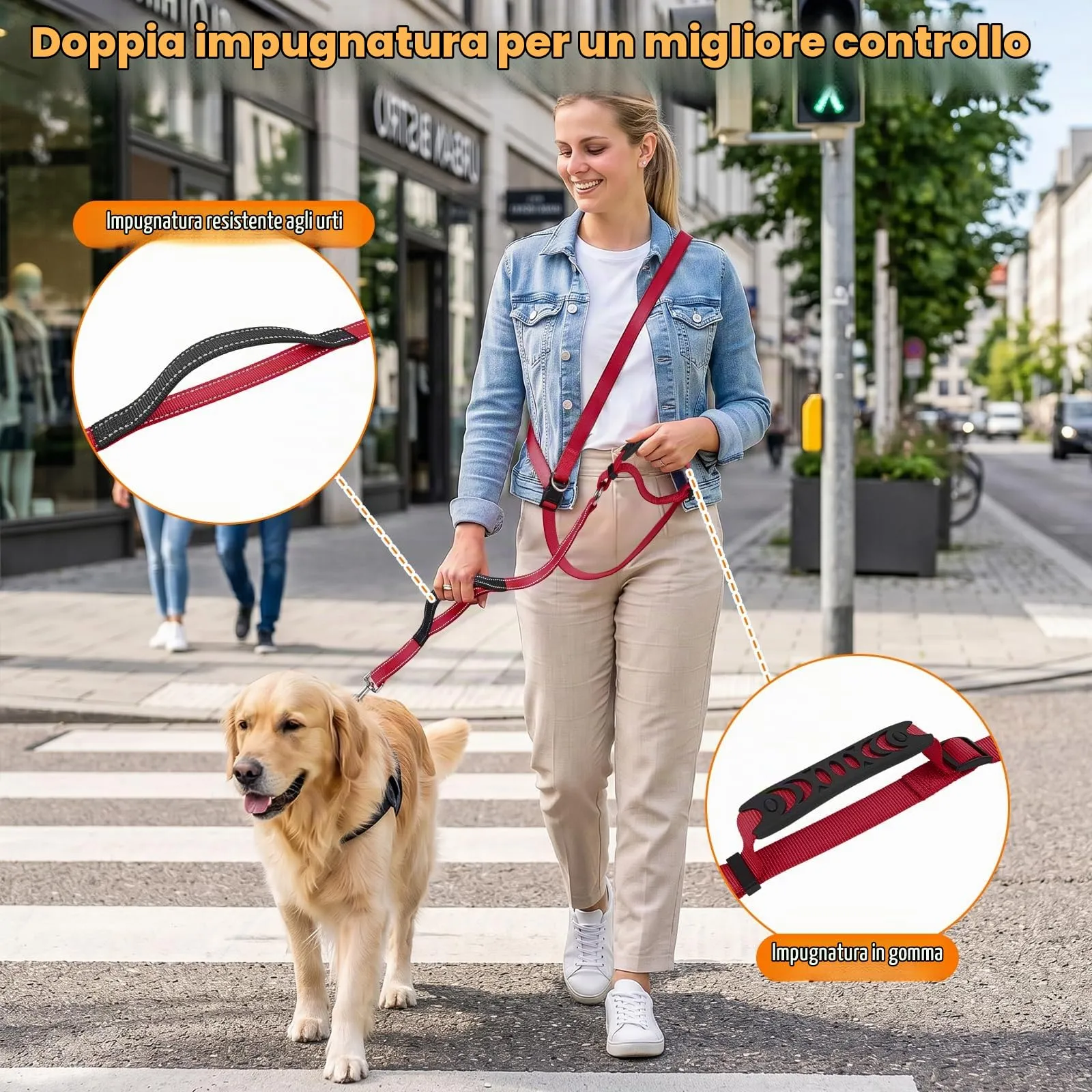 X XBEN Guinzaglio Cani Mani Libere Multifunzionale 3 in 1, Lunghezza Regolabile 80 cm - 2,35 m, Rosso - immagine 4