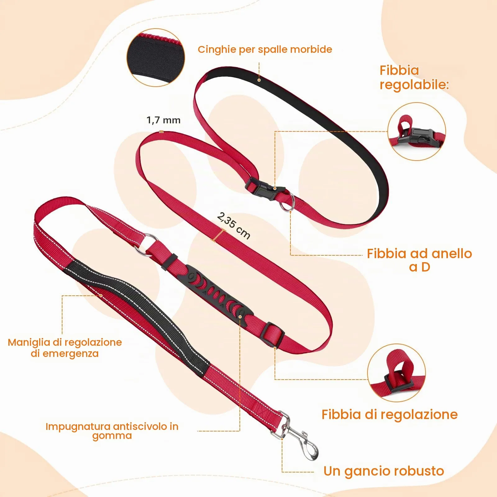 X XBEN Guinzaglio Cani Mani Libere Multifunzionale 3 in 1, Lunghezza Regolabile 80 cm - 2,35 m, Rosso - immagine 8