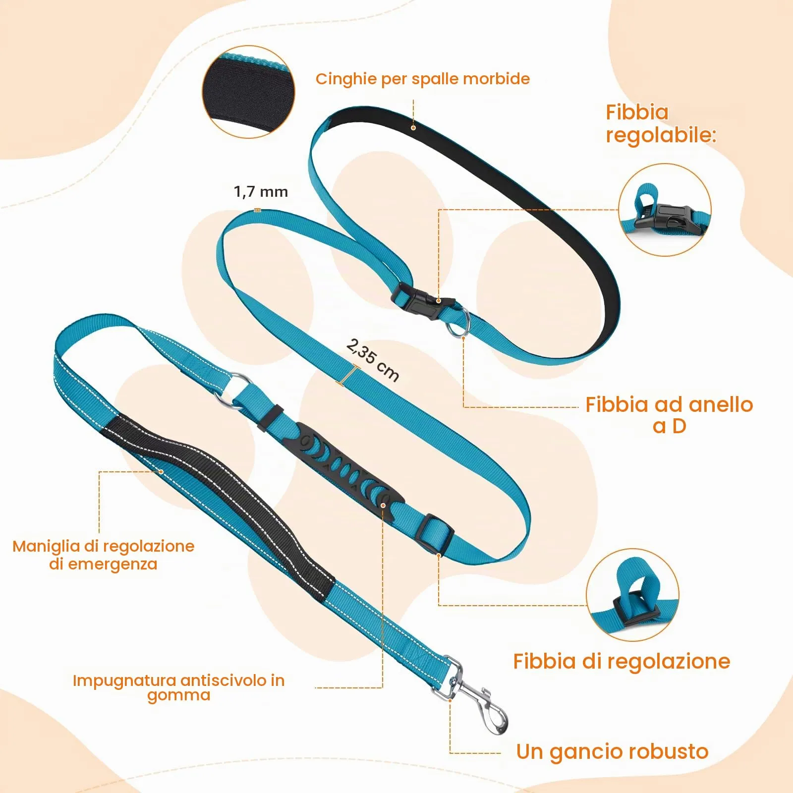 X XBEN Guinzaglio Cani Mani Libere Multifunzionale per Corsa e Passeggiate, 2,35 m, Blu - immagine 8