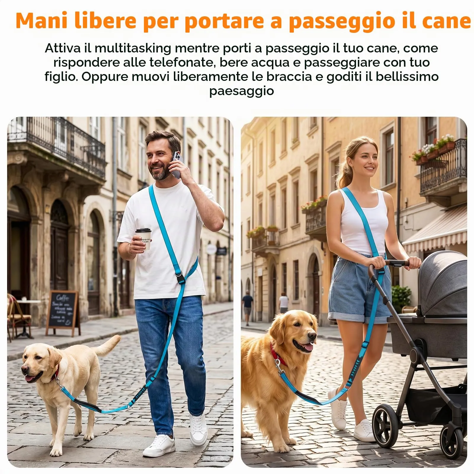 X XBEN Guinzaglio Cani Mani Libere Multifunzionale per Corsa e Passeggiate, 2,35 m, Blu - immagine 3