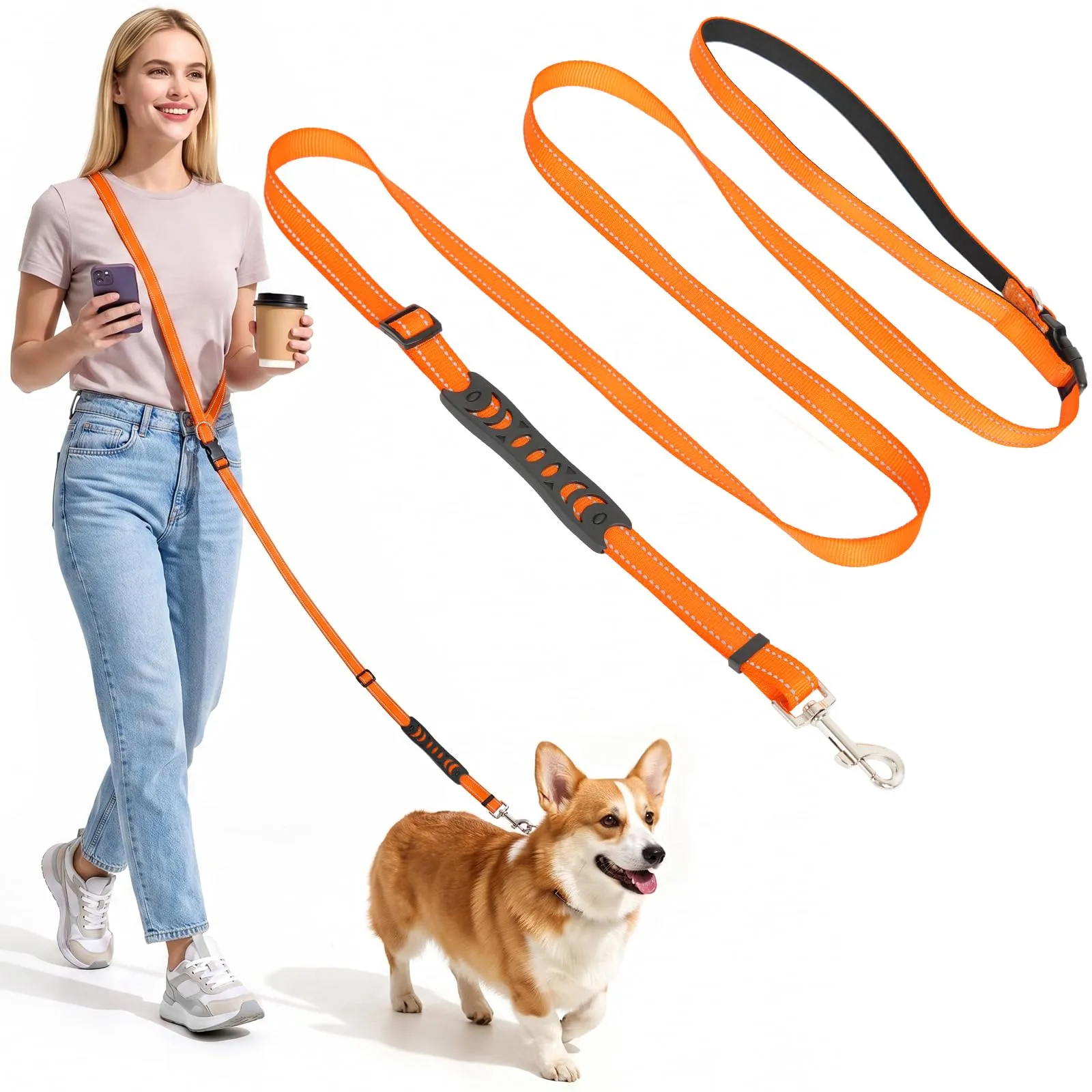 X XBEN Guinzaglio Cani Mani Libere per Cani di Piccola Taglia, 2,35 m, Arancione - immagine 1