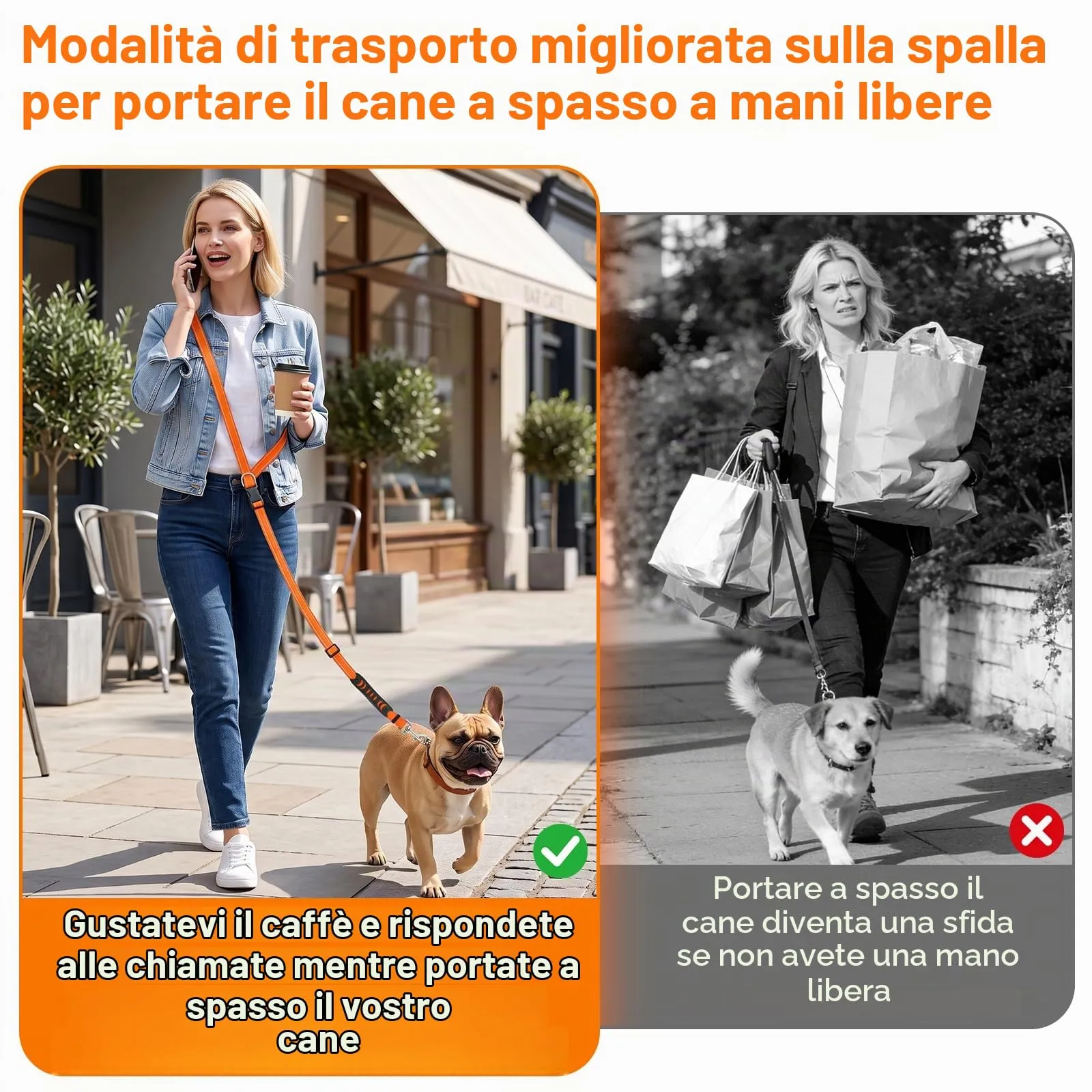 X XBEN Guinzaglio Cani Mani Libere per Cani di Piccola Taglia, 2,35 m, Arancione - immagine 2