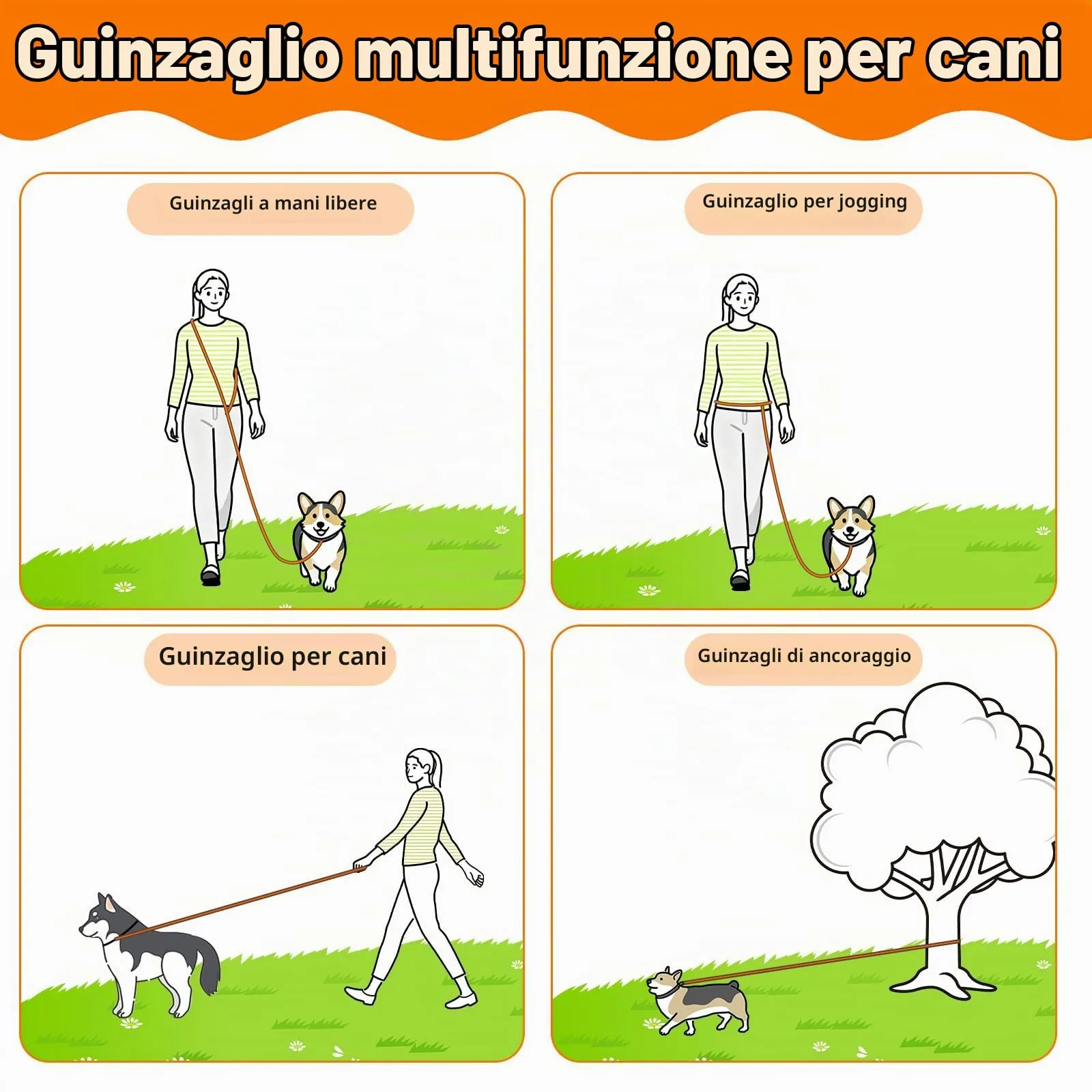 X XBEN Guinzaglio Cani Mani Libere per Cani di Piccola Taglia, 2,35 m, Arancione - immagine 4
