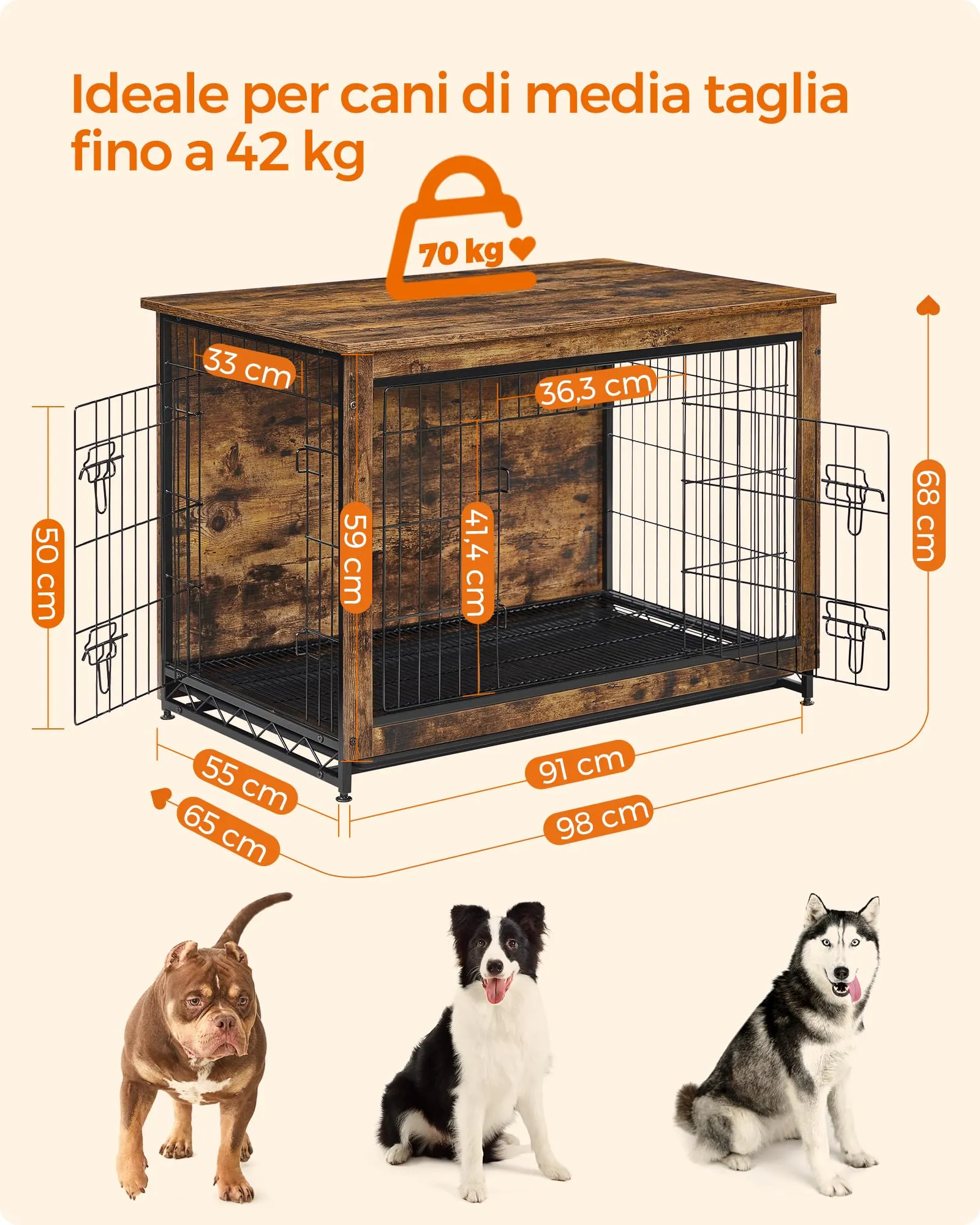 Feandrea Gabbia per Cani con Mobile Tavolino, 2 Porte, fino a 32 kg - immagine 7