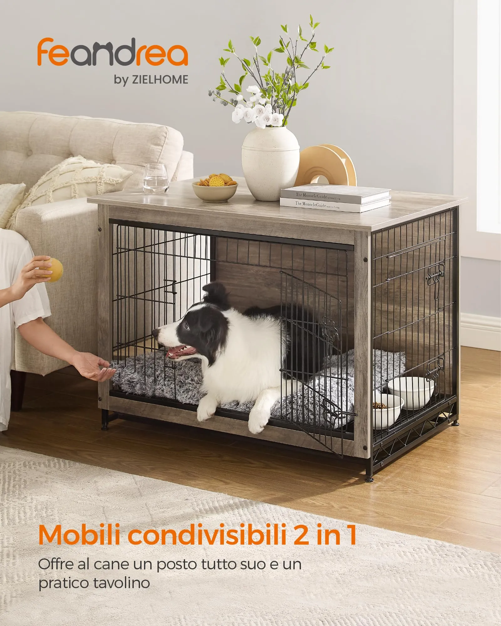 Feandrea Gabbia per Cani Mobile Tavolino, Cuccia Moderna da Interno fino a 32 kg, Vassoio Rimovibile, 2 Porte, Greige PFC003G01 - immagine 2