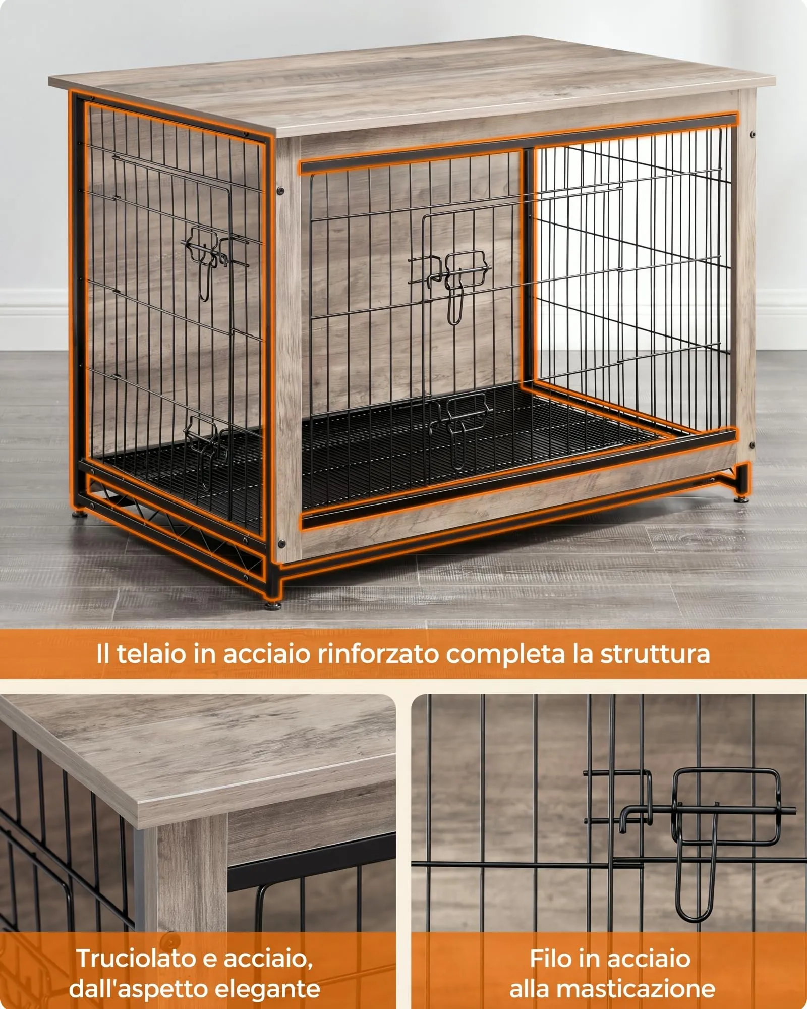 Feandrea Gabbia per Cani Mobile Tavolino, Cuccia Moderna da Interno fino a 32 kg, Vassoio Rimovibile, 2 Porte, Greige PFC003G01 - immagine 3