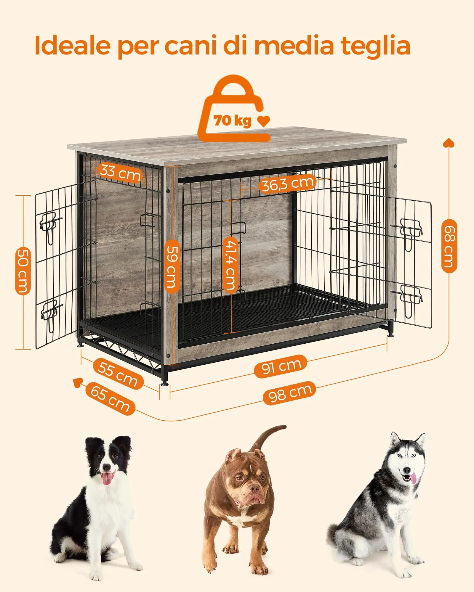 Feandrea Gabbia per Cani Mobile Tavolino, Cuccia Moderna da Interno fino a 32 kg, Vassoio Rimovibile, 2 Porte, Greige PFC003G01 - immagine 6