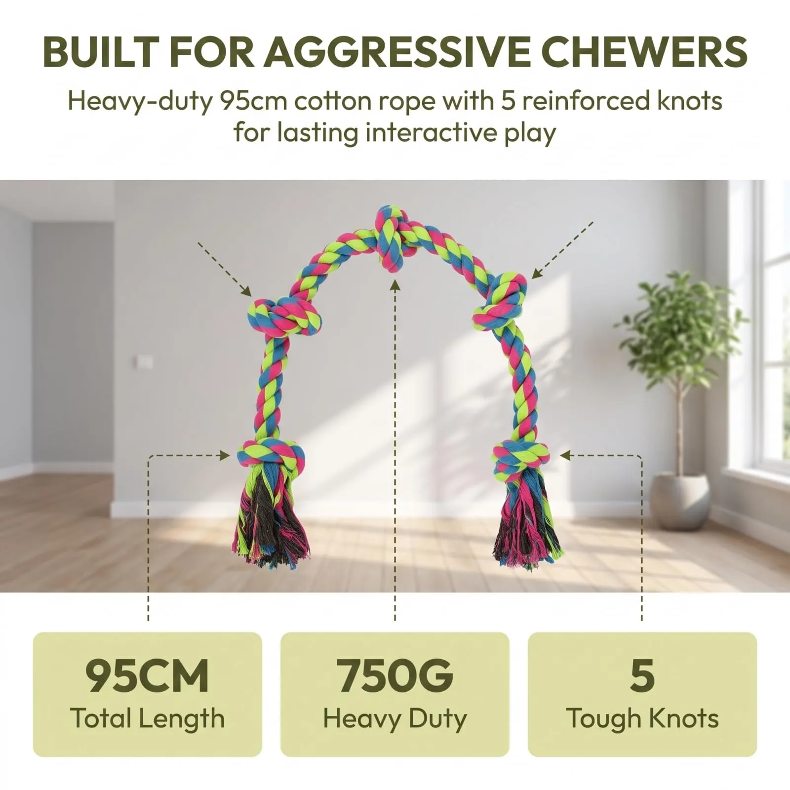 BADCRIS Corda Gioco per Cani in Cotone con 5 Nodi, 95cm - immagine 2