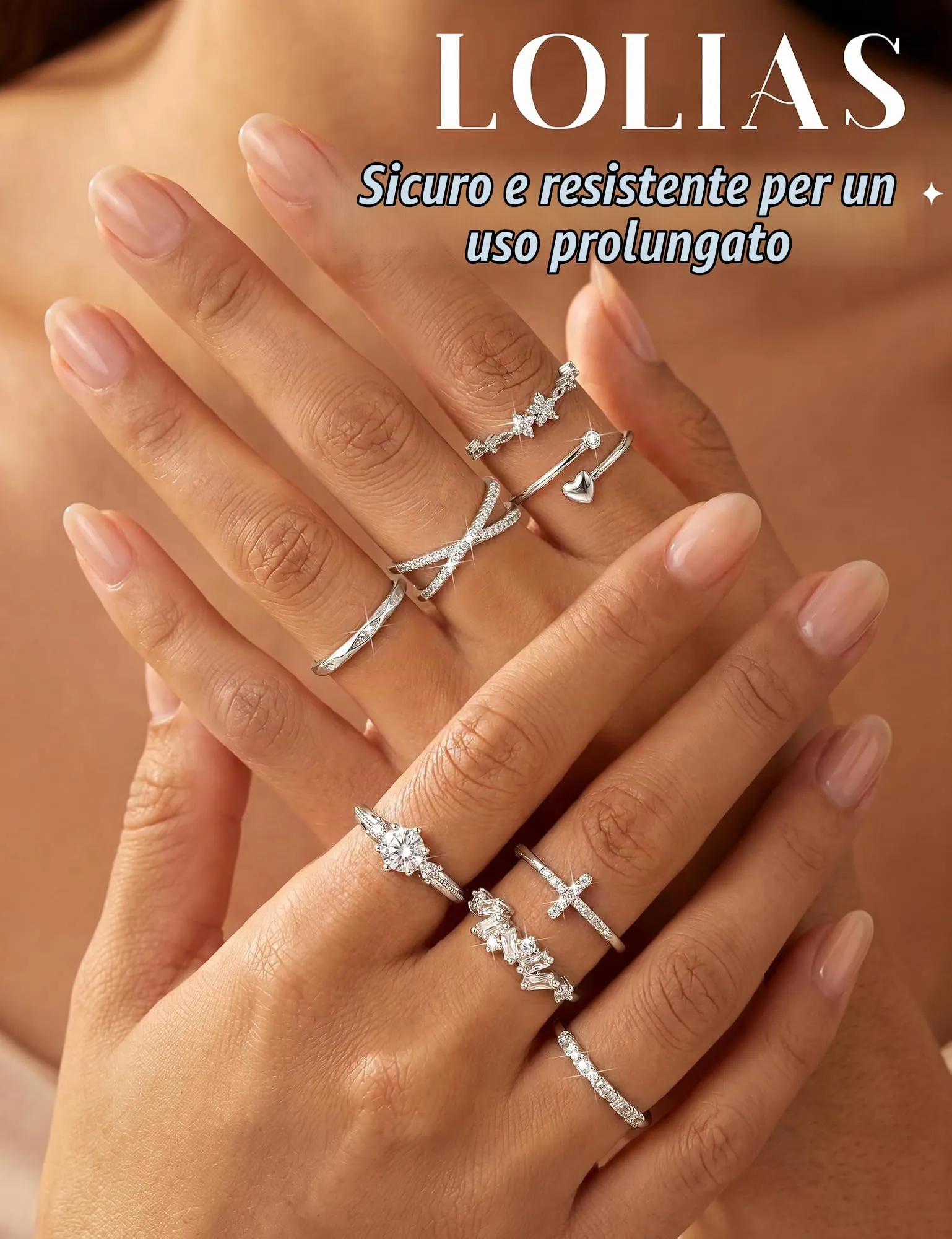 LOLIAS Set di 8 Anelli Donna Placcati in Argento, Regolabili e Impermeabili - immagine 5
