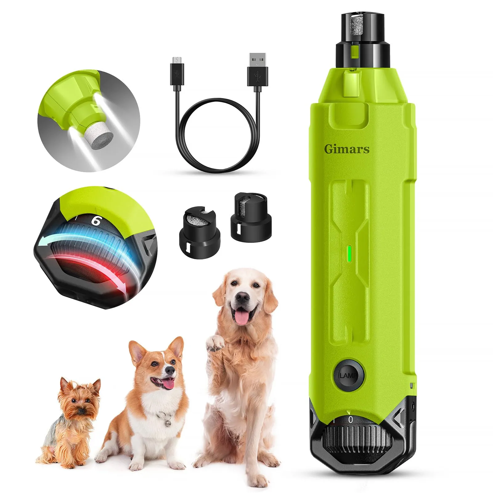 Gimars Lima Unghie Elettrica per Cani, 6 Velocità, Luce LED, Ricaricabile USB, 3 Testine, Verde - immagine 1