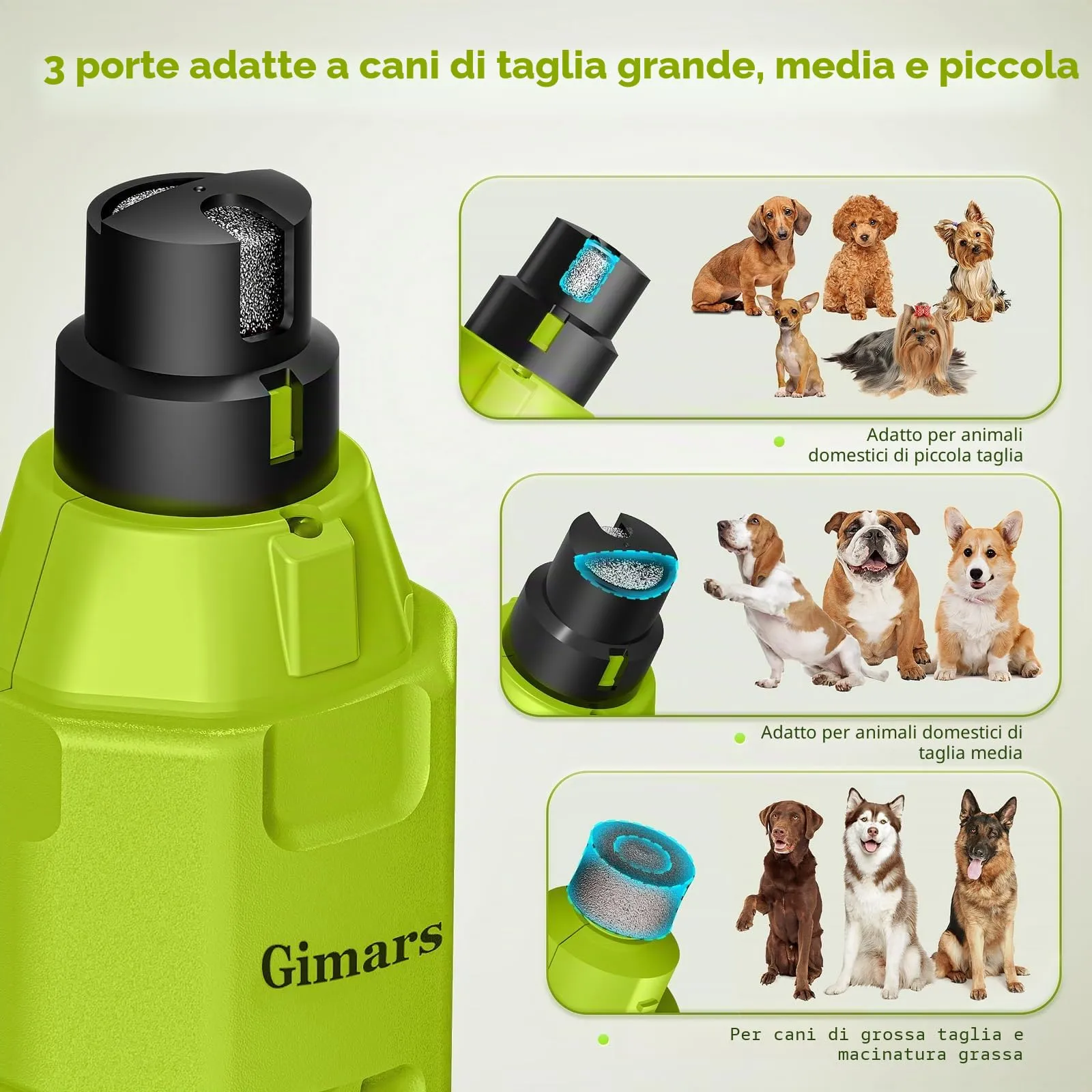 Gimars Lima Unghie Elettrica per Cani, 6 Velocità, Luce LED, Ricaricabile USB, 3 Testine, Verde - immagine 5