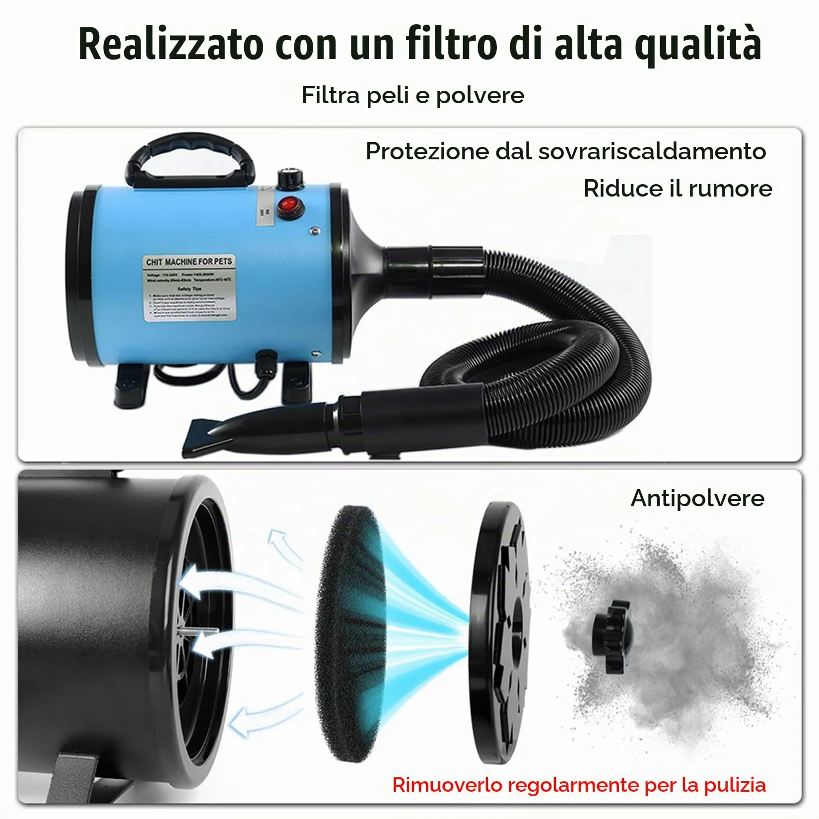 Memows Soffiatore Asciugacapelli per Cani 2800W con 4 Ugelli, Velocità e Temperatura Regolabili (Blu) - immagine 6
