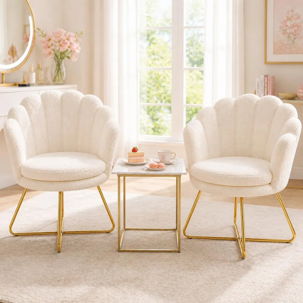 Hellove Set di 2 Sedie Trucco a Conchiglia in Teddy con Gambe in Metallo Dorato, Bianco - immagine 1