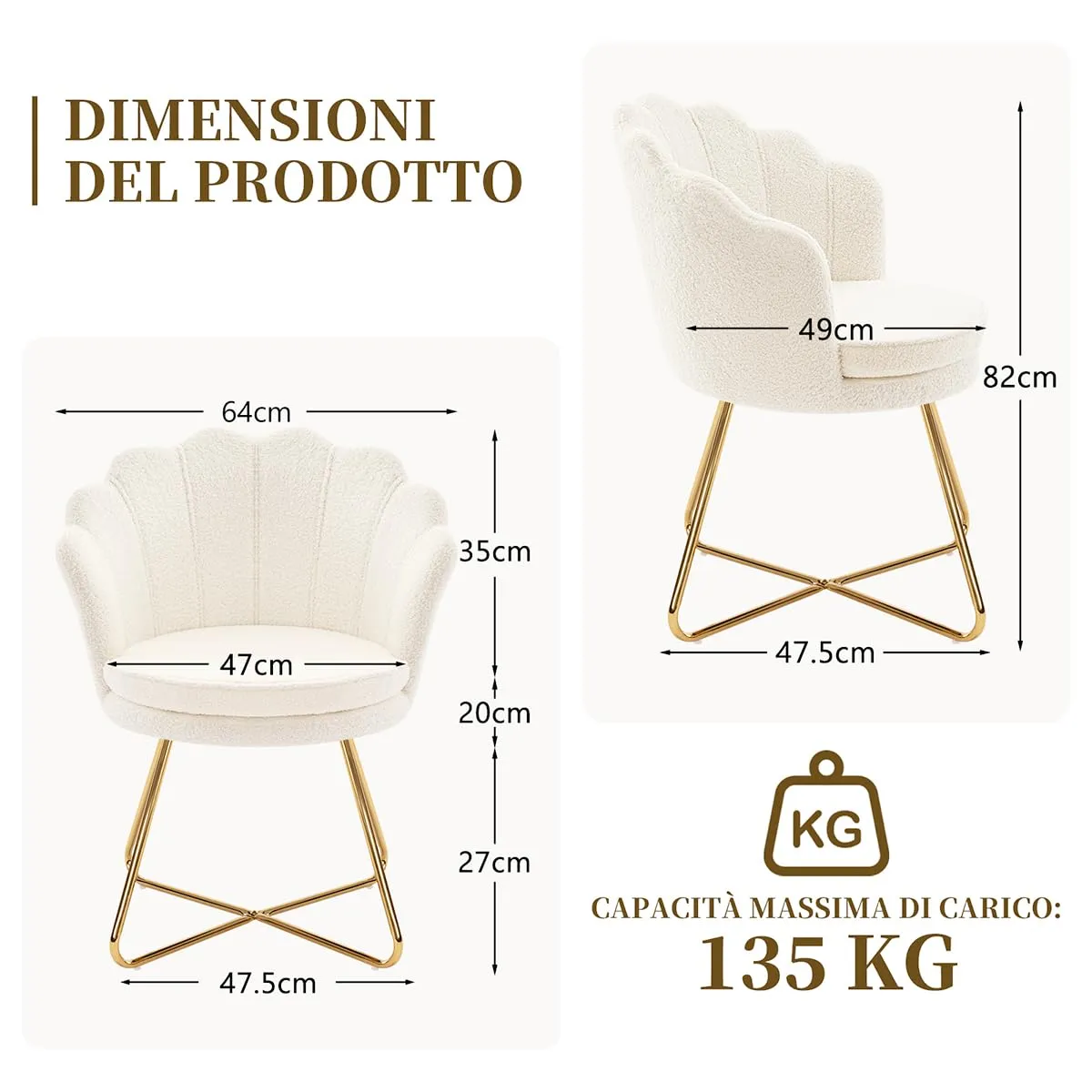 Hellove Set di 2 Sedie Trucco a Conchiglia in Teddy con Gambe in Metallo Dorato, Bianco - immagine 2