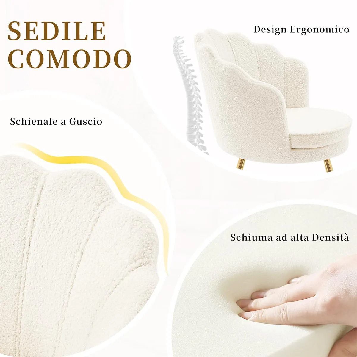 Hellove Set di 2 Sedie Trucco a Conchiglia in Teddy con Gambe in Metallo Dorato, Bianco - immagine 5