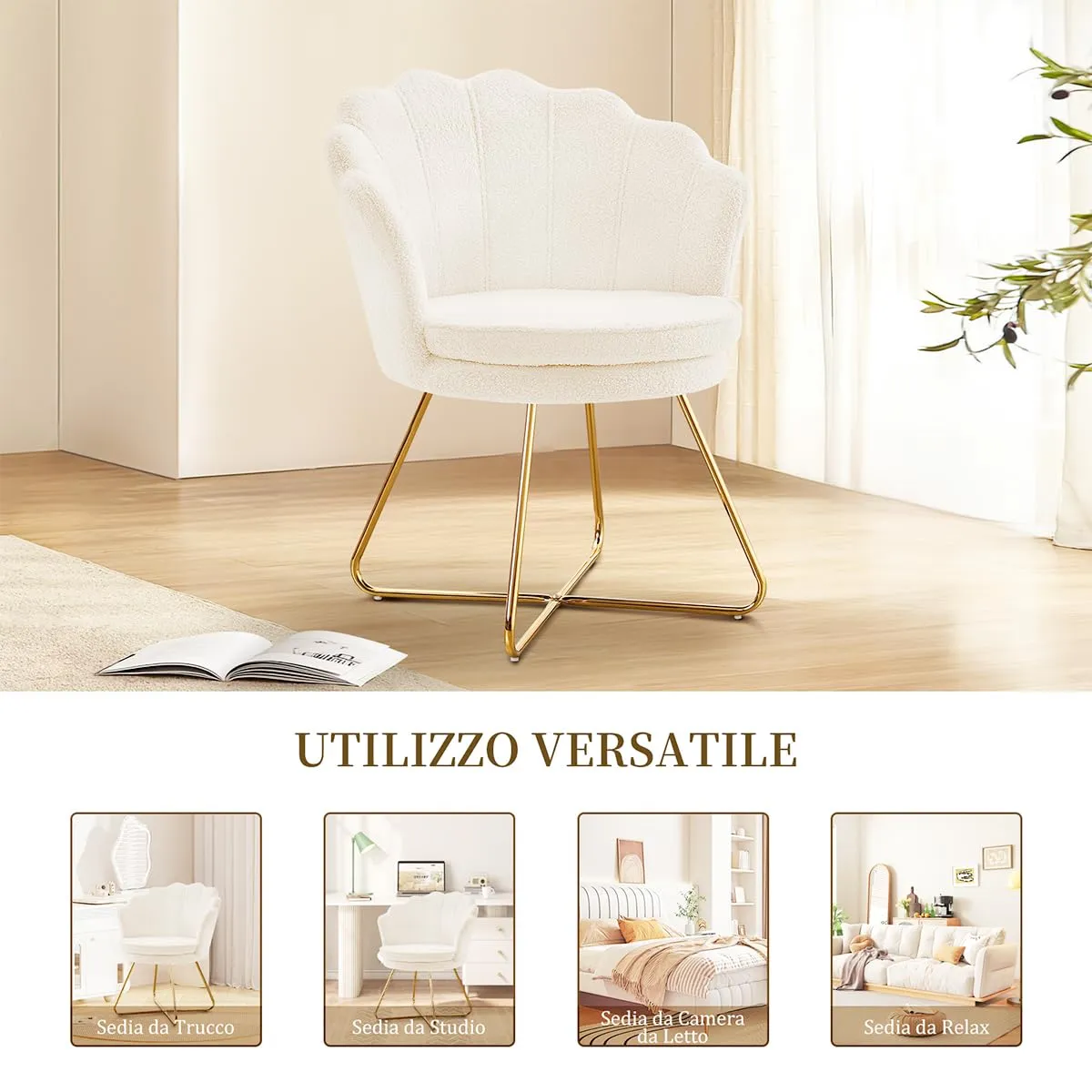 Hellove Set di 2 Sedie Trucco a Conchiglia in Teddy con Gambe in Metallo Dorato, Bianco - immagine 7