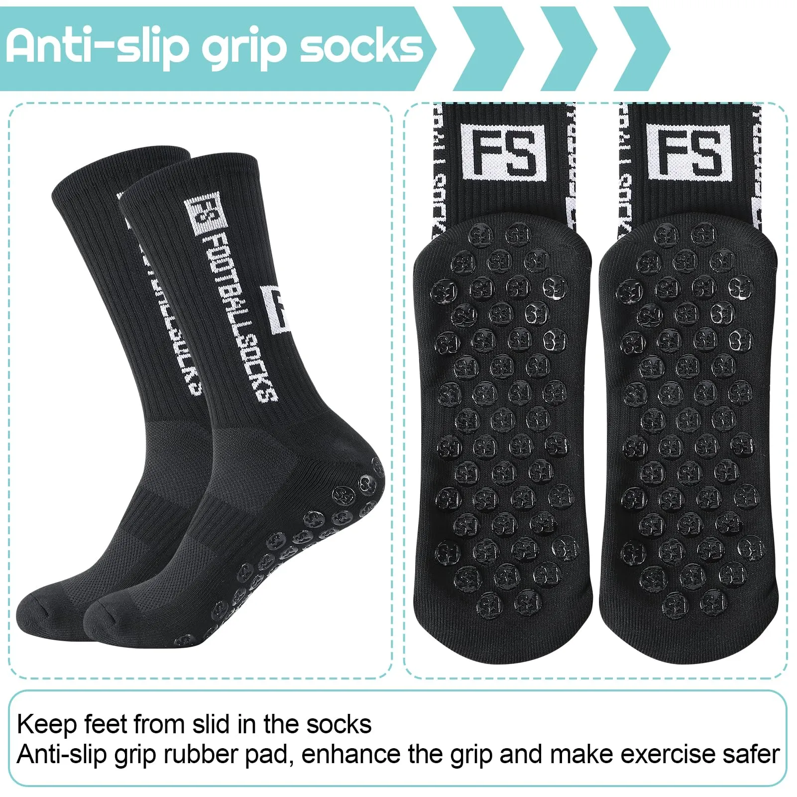 Utensilsto Calzini da calcio antiscivolo con grip, traspiranti, 3 paia, Nero, 40-44 - immagine 4