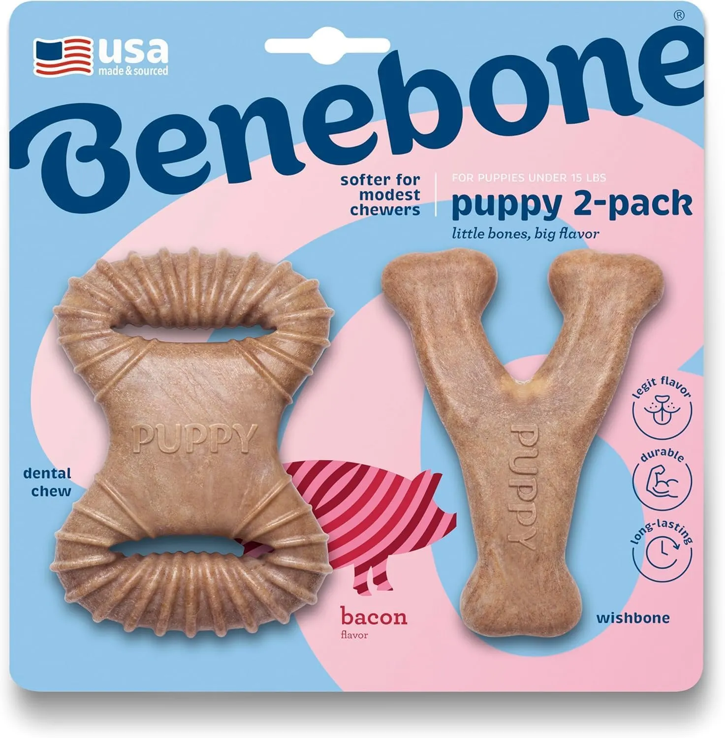 Benebone Cucciolo Dental/Wishbone, Bacon Reale, Set da 2 Giochi - immagine 1