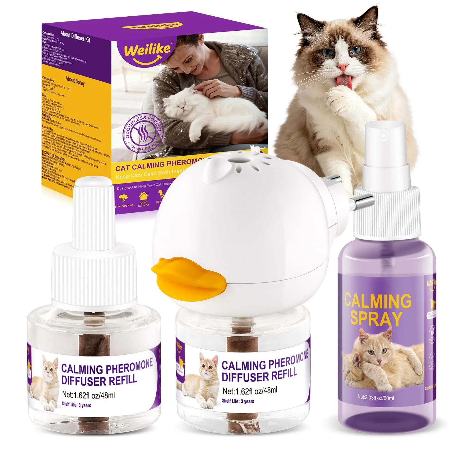 Weilike Diffusore e Spray di feromoni calmanti per gatti, 2 Ricariche + 1 Spray - immagine 1