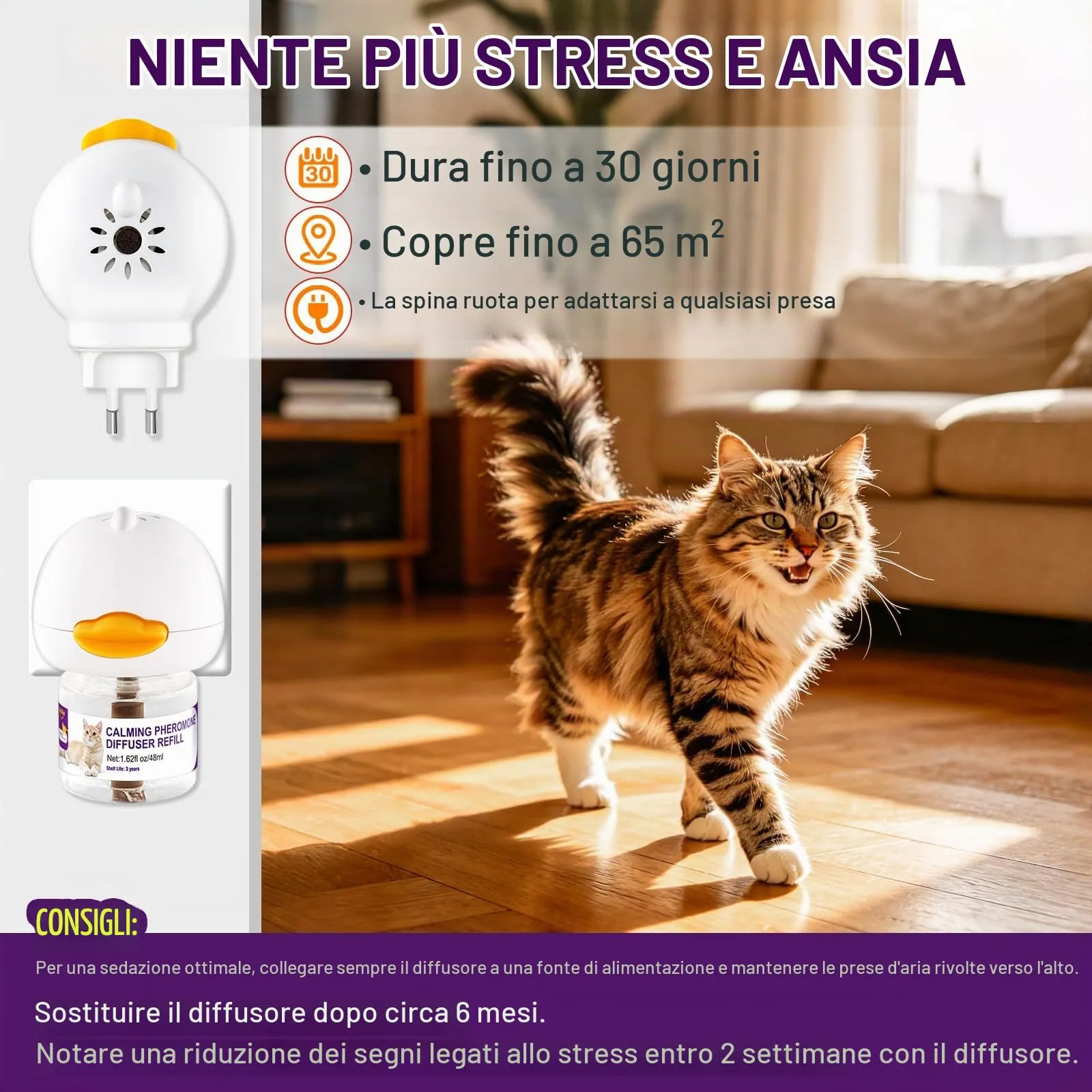 Weilike Diffusore e Spray di feromoni calmanti per gatti, 2 Ricariche + 1 Spray - immagine 4