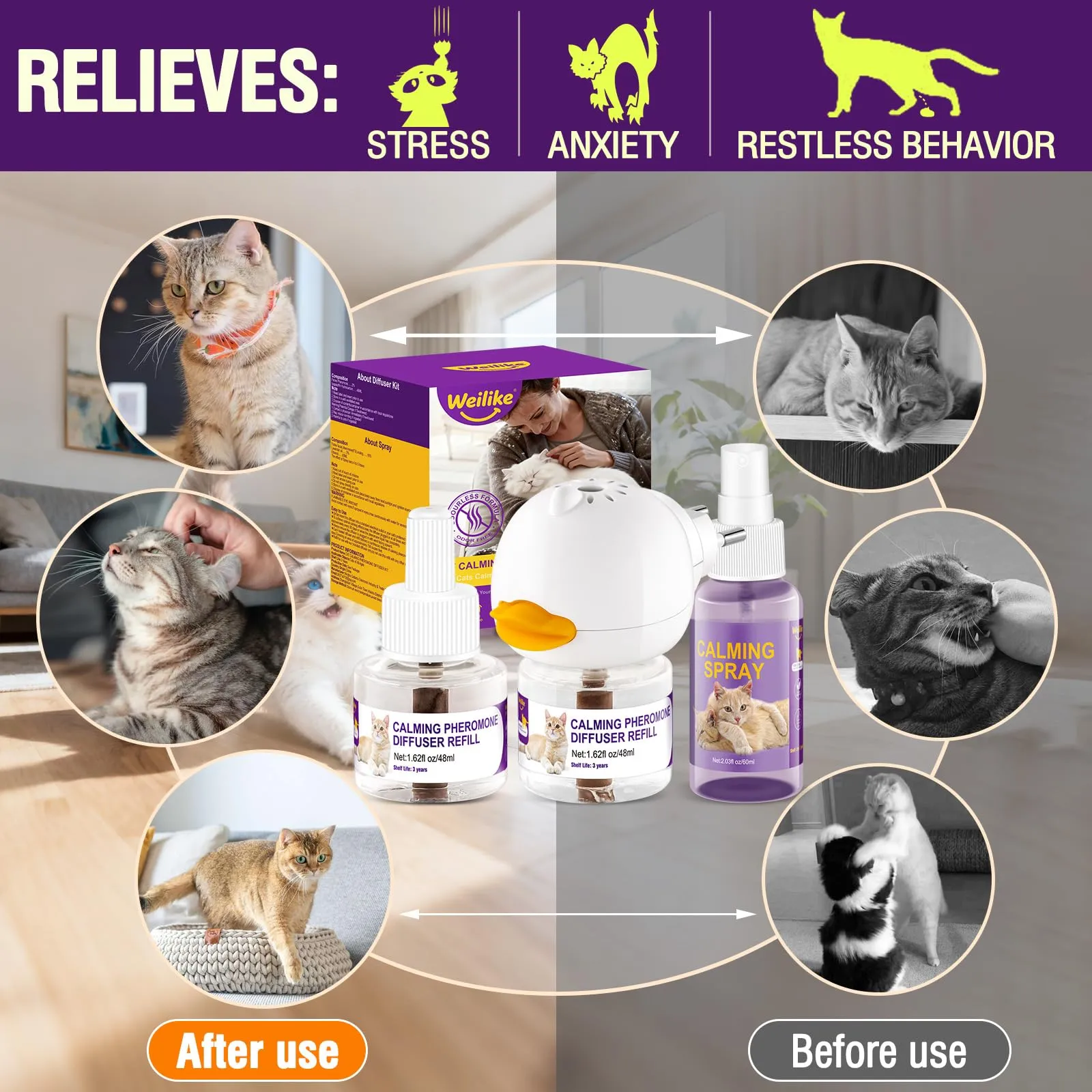 Weilike Diffusore e Spray di feromoni calmanti per gatti, 2 Ricariche + 1 Spray - immagine 5
