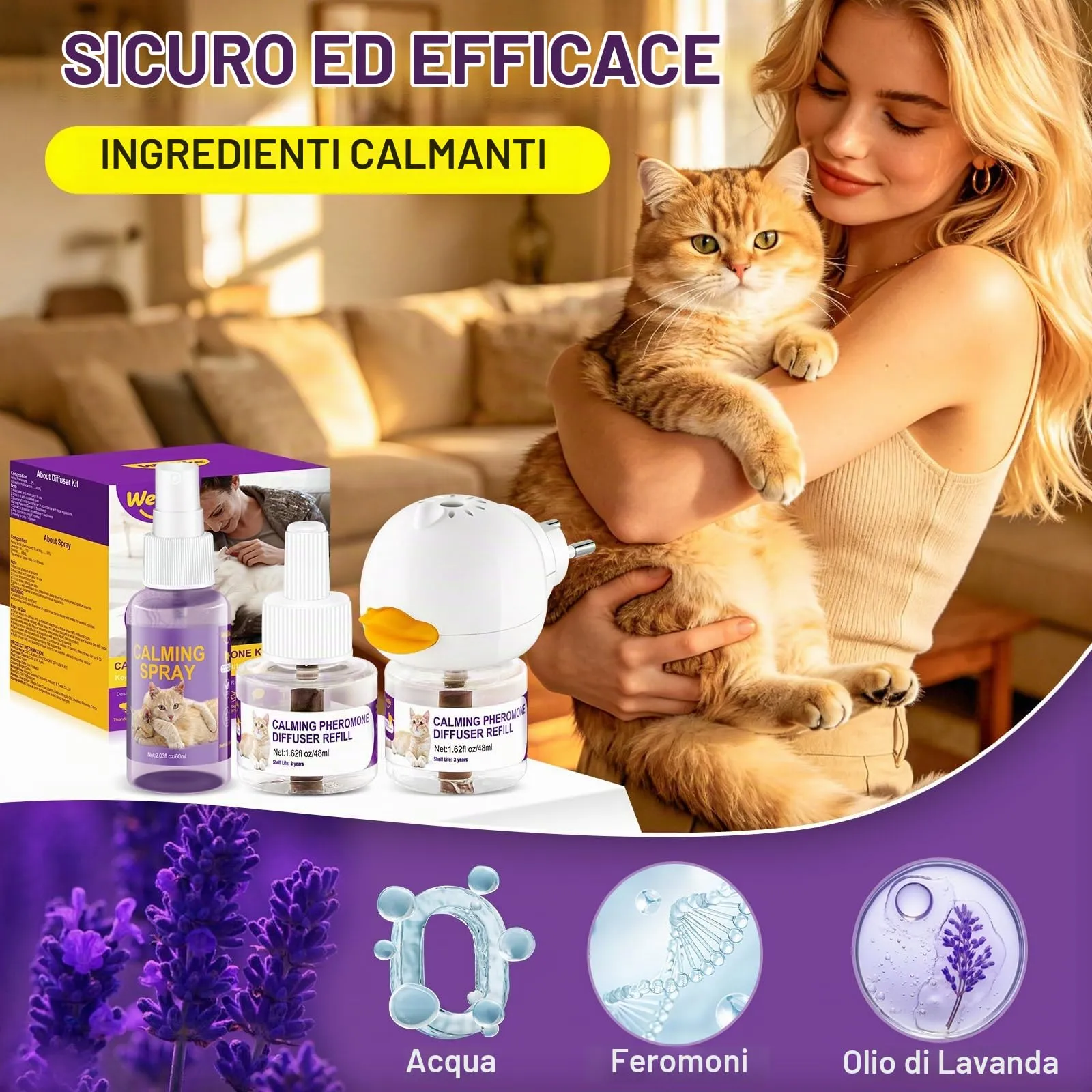 Weilike Diffusore e Spray di feromoni calmanti per gatti, 2 Ricariche + 1 Spray - immagine 6