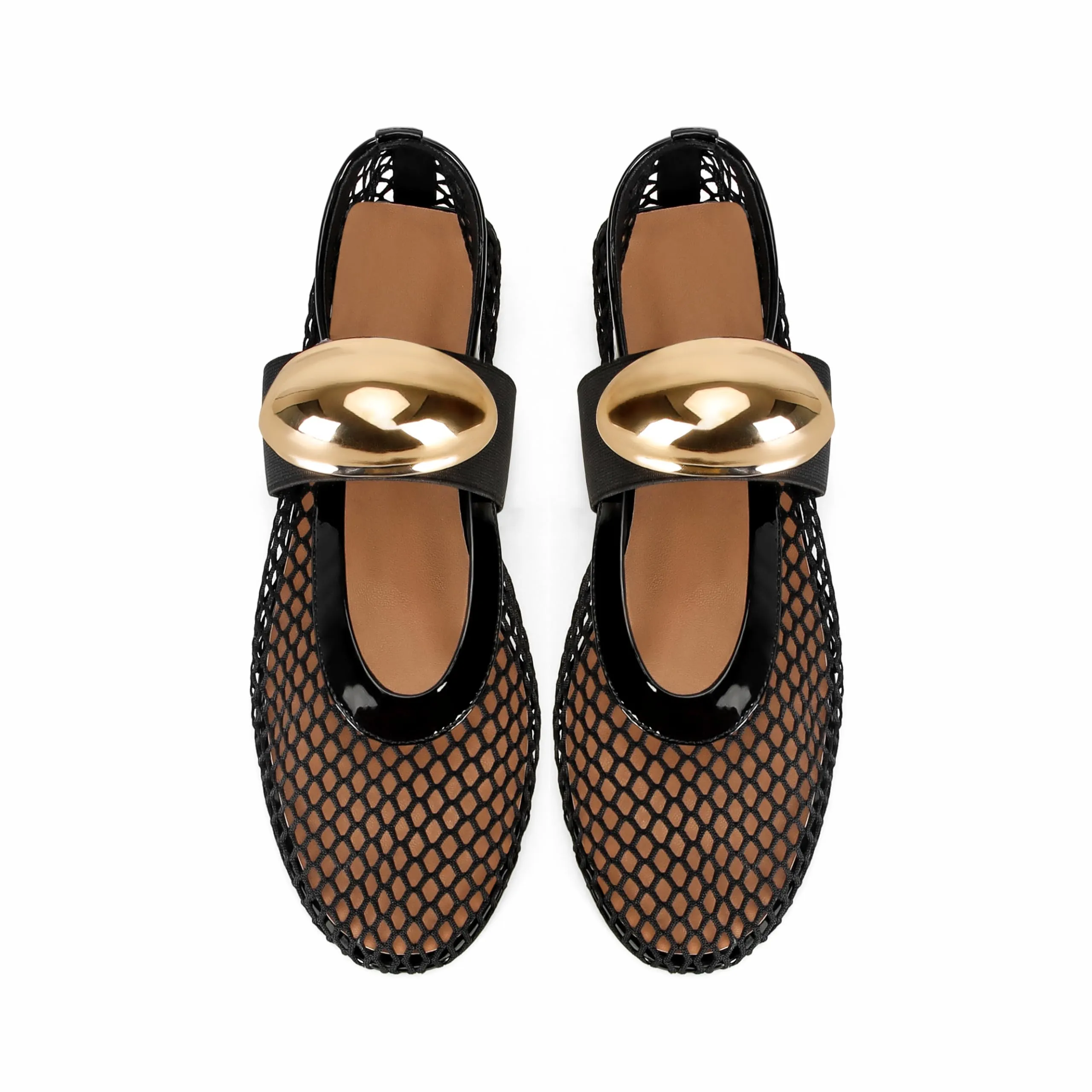 DOEYG Ballerine da Donna in Rete con Cinturino con Fibbia, Oro Nero, 39 EU - immagine 5
