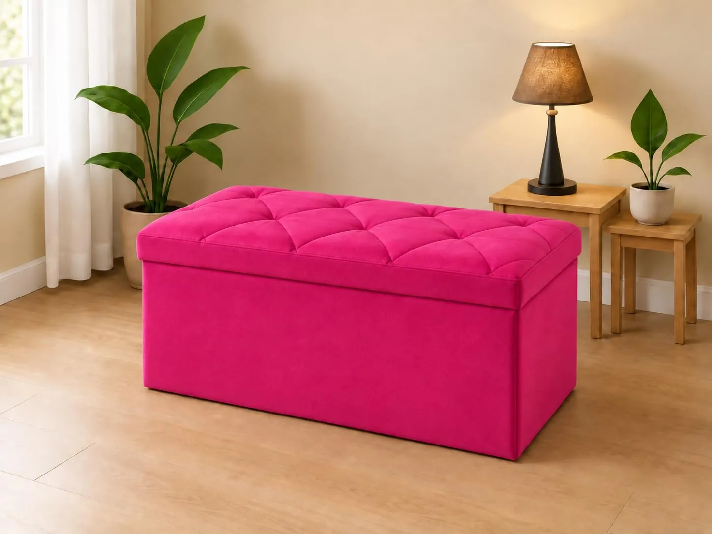 GX GARGIX Pouf Panca Imbottita con Vano Contenitore Baule Trapuntato in Ecopelle Les-9 Fuxia - immagine 1