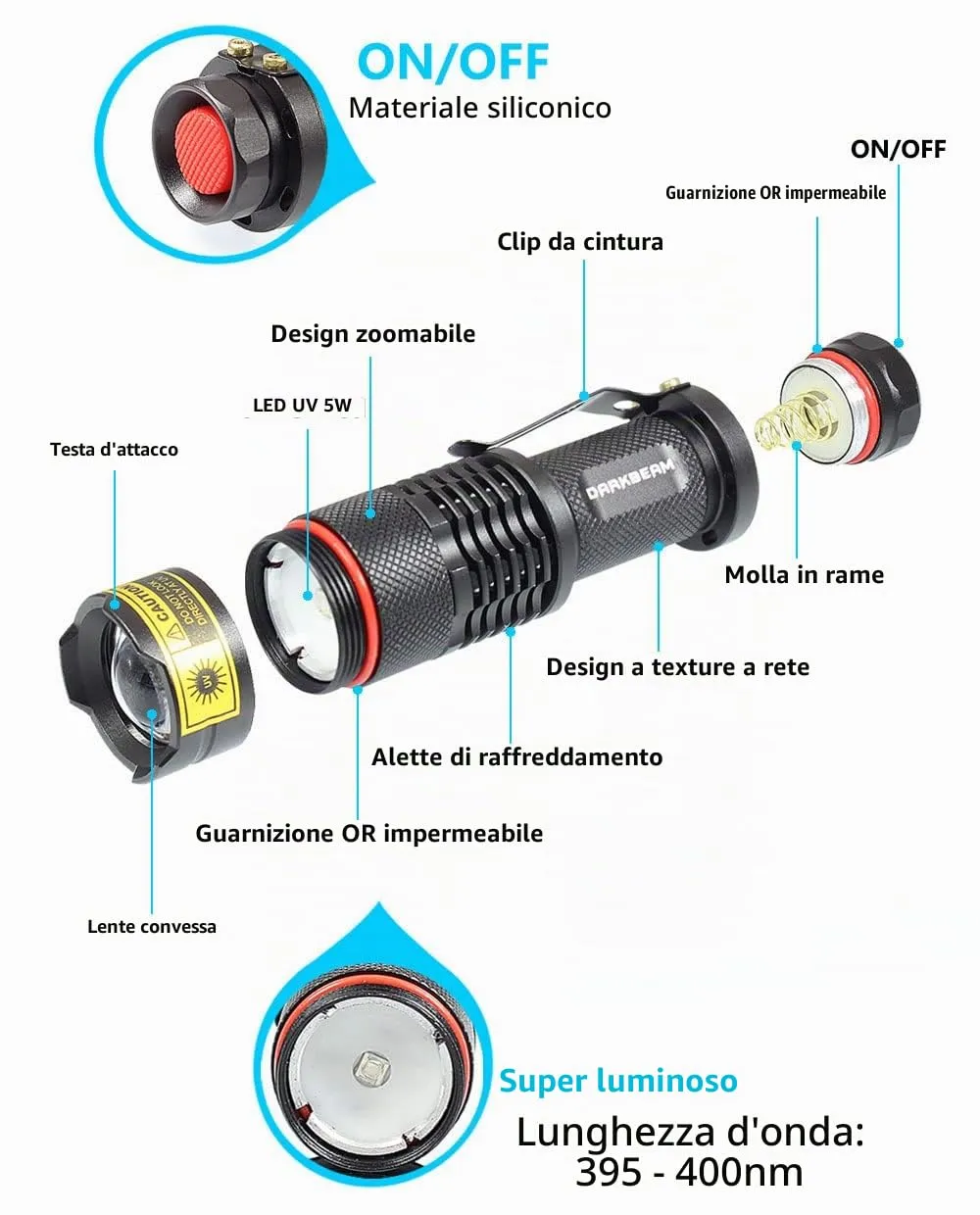 DARKBEAM Torcia UV 395nm LED Lampada di Wood Portatile - immagine 6