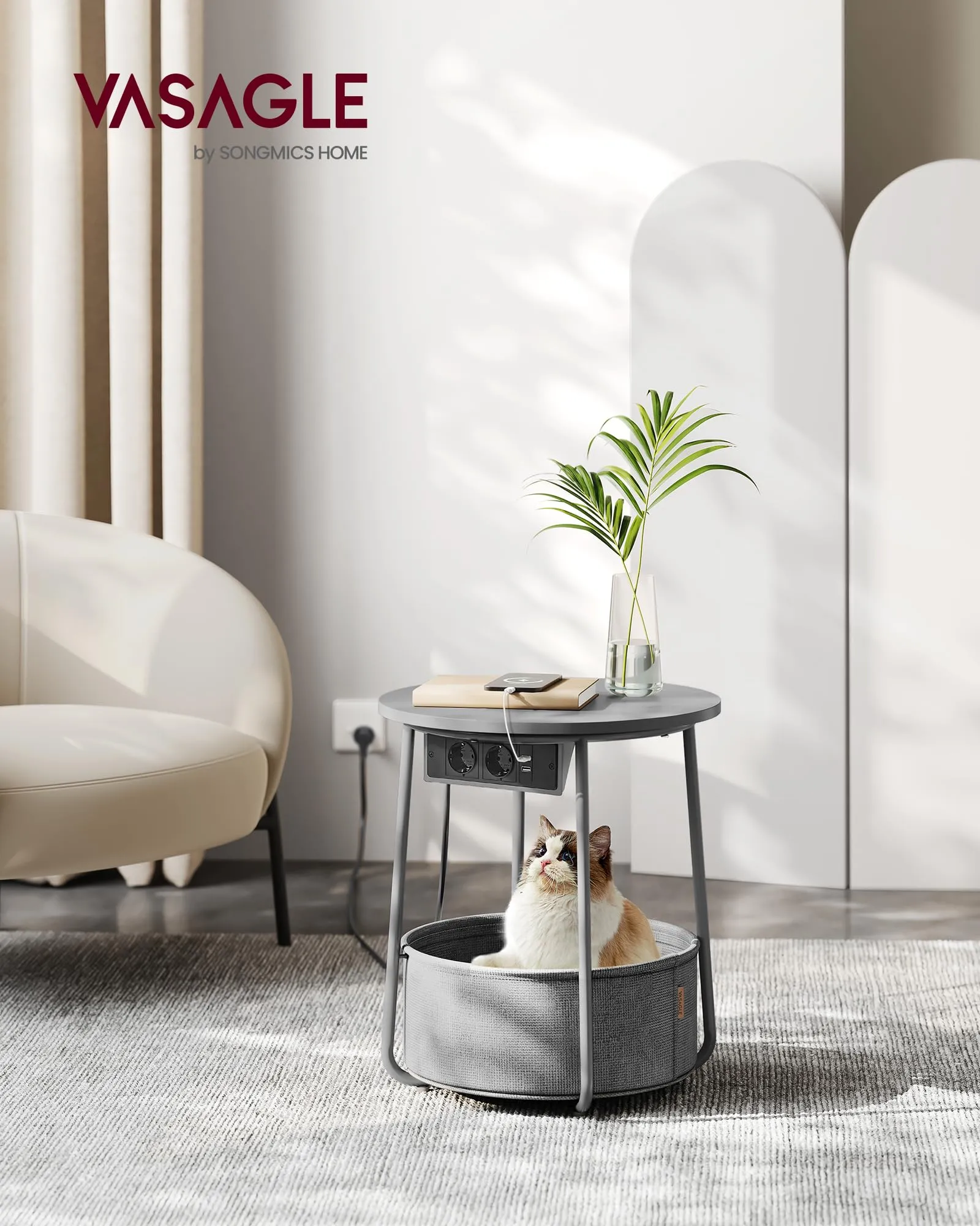 VASAGLE Tavolino Rotondo con Cestino in Tessuto e Multipresa, Grigio Tortora e Grigio Ardesia, 45 x 50 cm - immagine 2