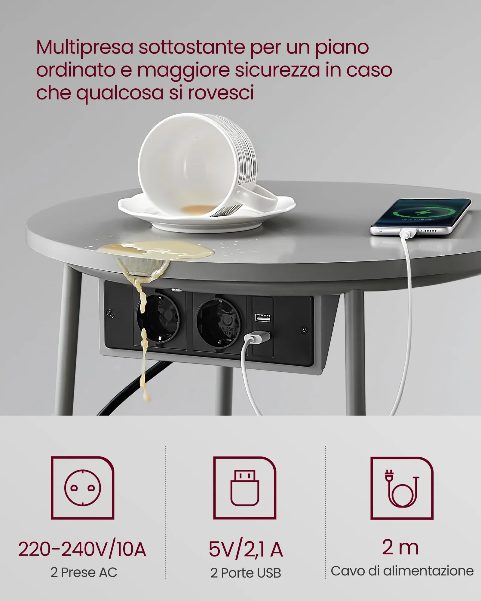 VASAGLE Tavolino Rotondo con Cestino in Tessuto e Multipresa, Grigio Tortora e Grigio Ardesia, 45 x 50 cm - immagine 4