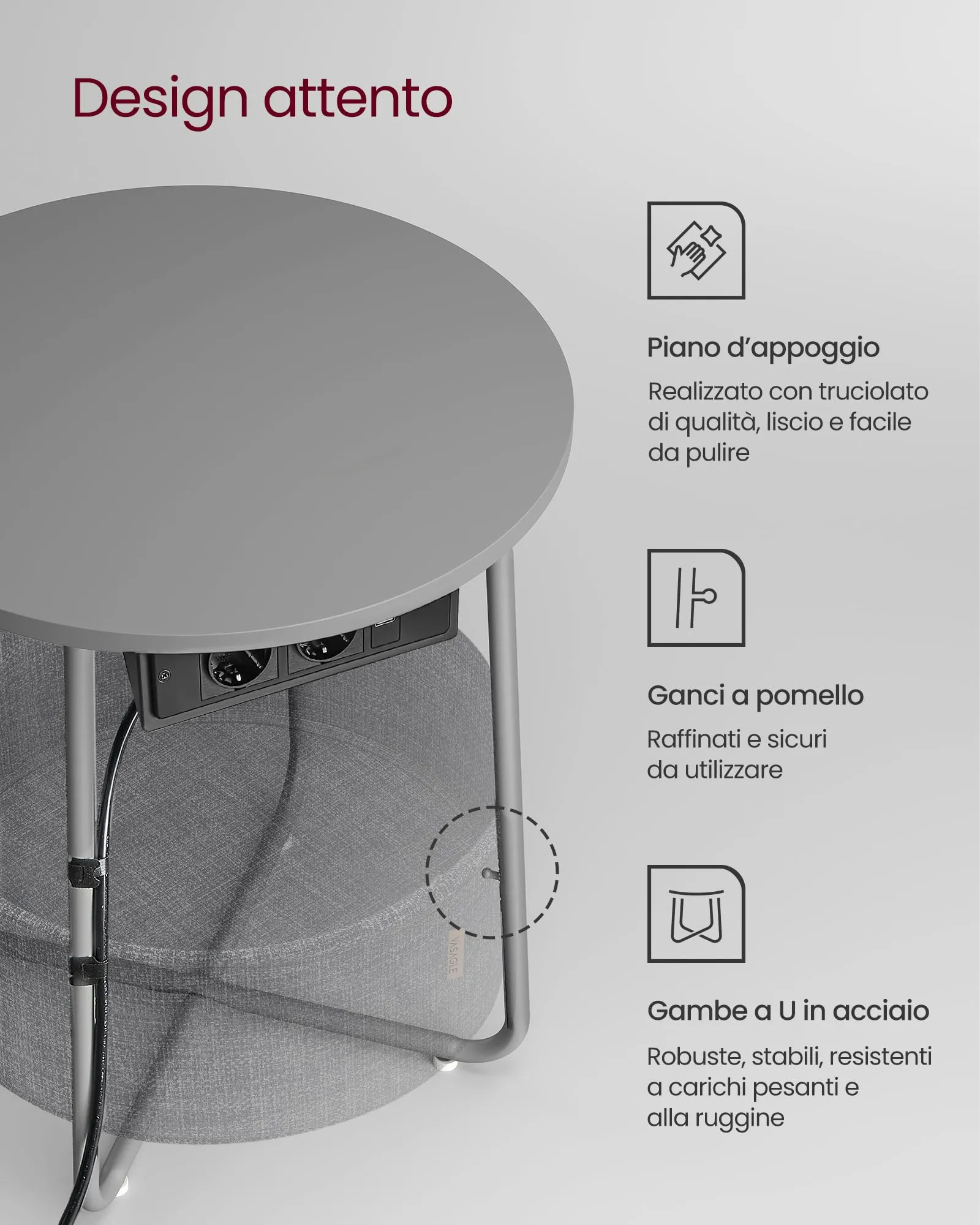 VASAGLE Tavolino Rotondo con Cestino in Tessuto e Multipresa, Grigio Tortora e Grigio Ardesia, 45 x 50 cm - immagine 6