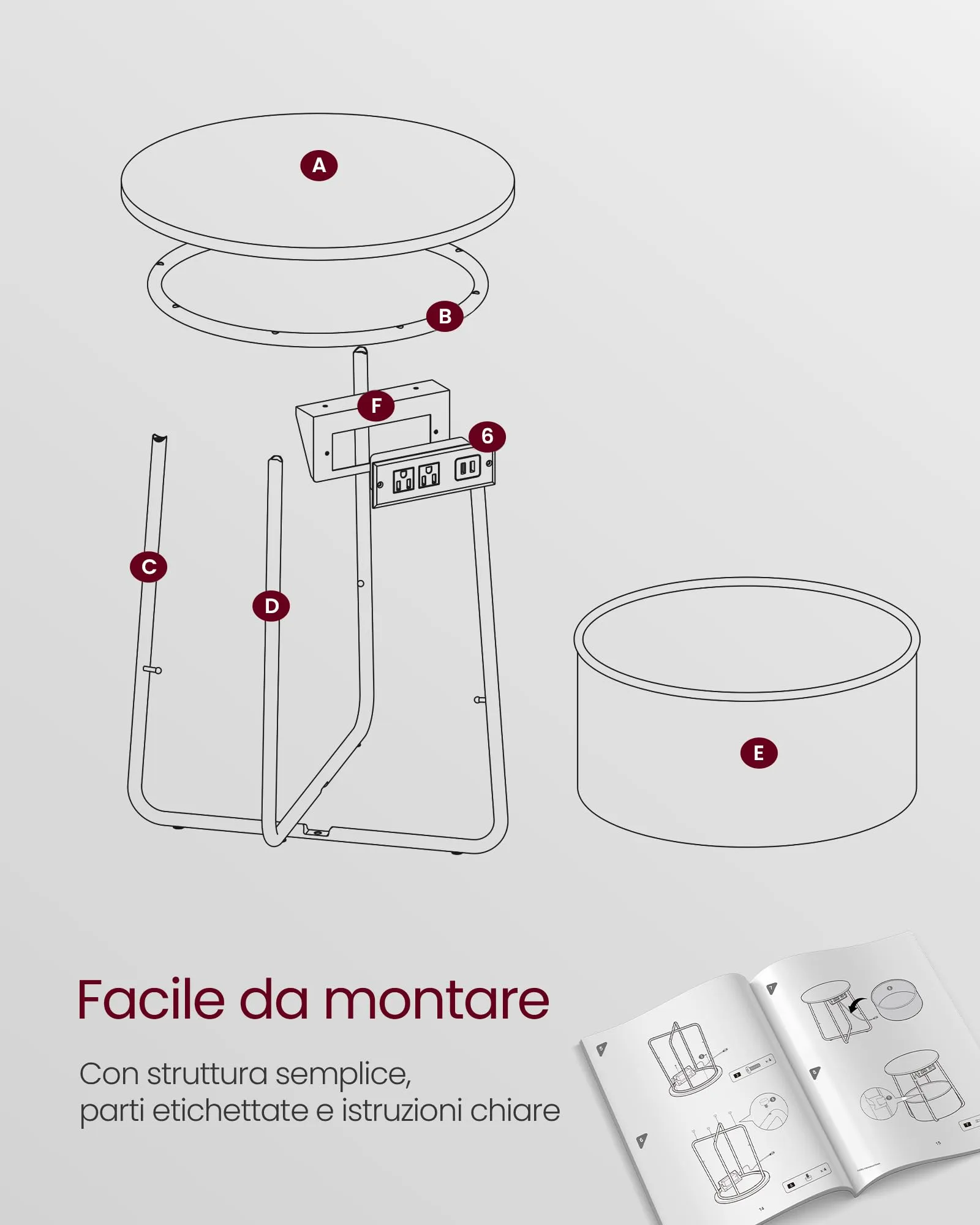 VASAGLE Tavolino Rotondo con Cestino in Tessuto e Multipresa, Grigio Tortora e Grigio Ardesia, 45 x 50 cm - immagine 8