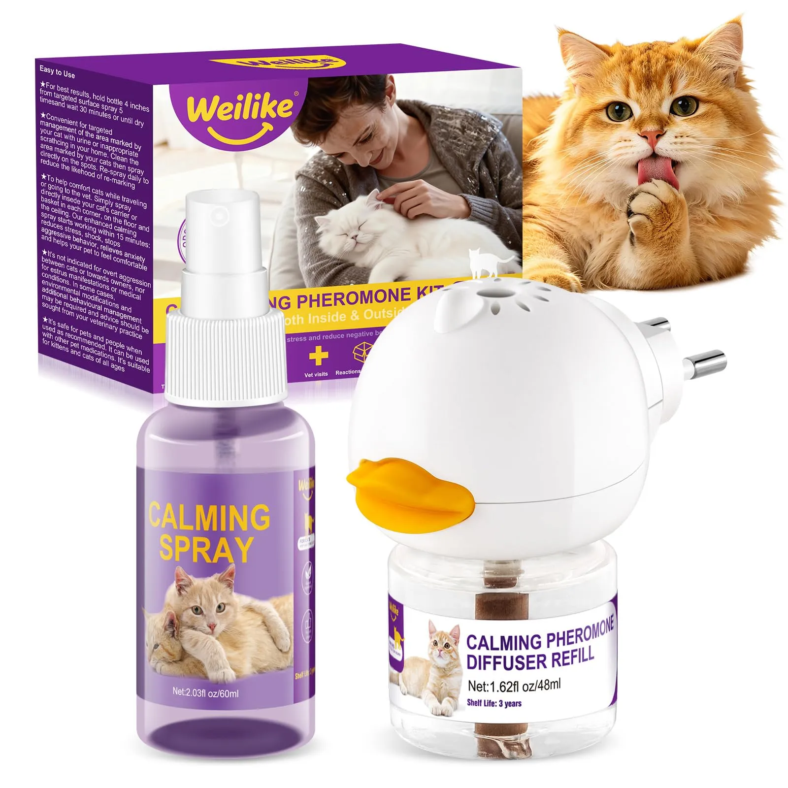 Weilike Diffusore e Spray Calmanti di Feromoni per Gatti (1 Ricarica + 1 Spray) - immagine 1