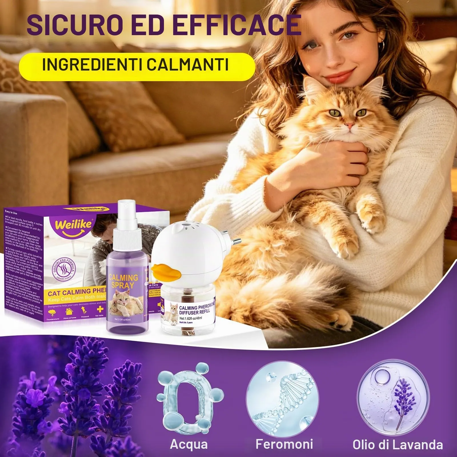 Weilike Diffusore e Spray Calmanti di Feromoni per Gatti (1 Ricarica + 1 Spray) - immagine 6