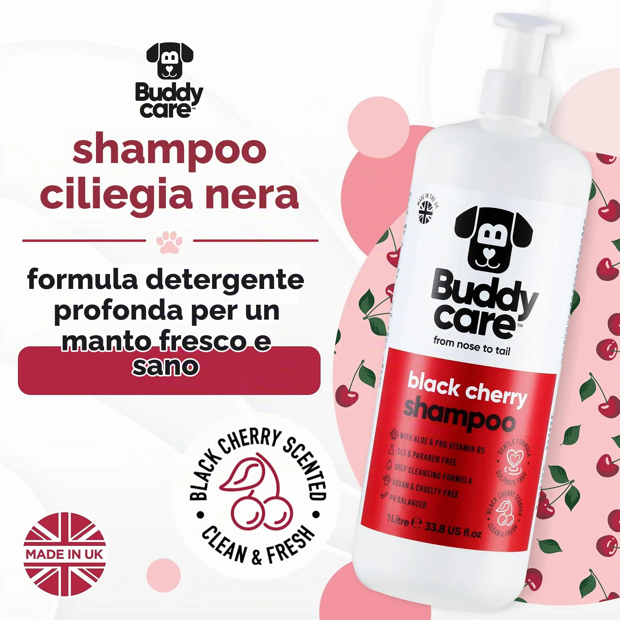 Buddycare Shampoo per Cani alla Ciliegia Nera con Aloe Vera e Pro-vitamina B5, 1L - immagine 2