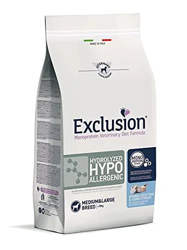 Exclusion Diet Hydrolyzed Hypoallergenic Alimento Dietetico con Pesce e Amido di Mais per Cani con Intolleranza Alimentare, 12 kg - immagine 1