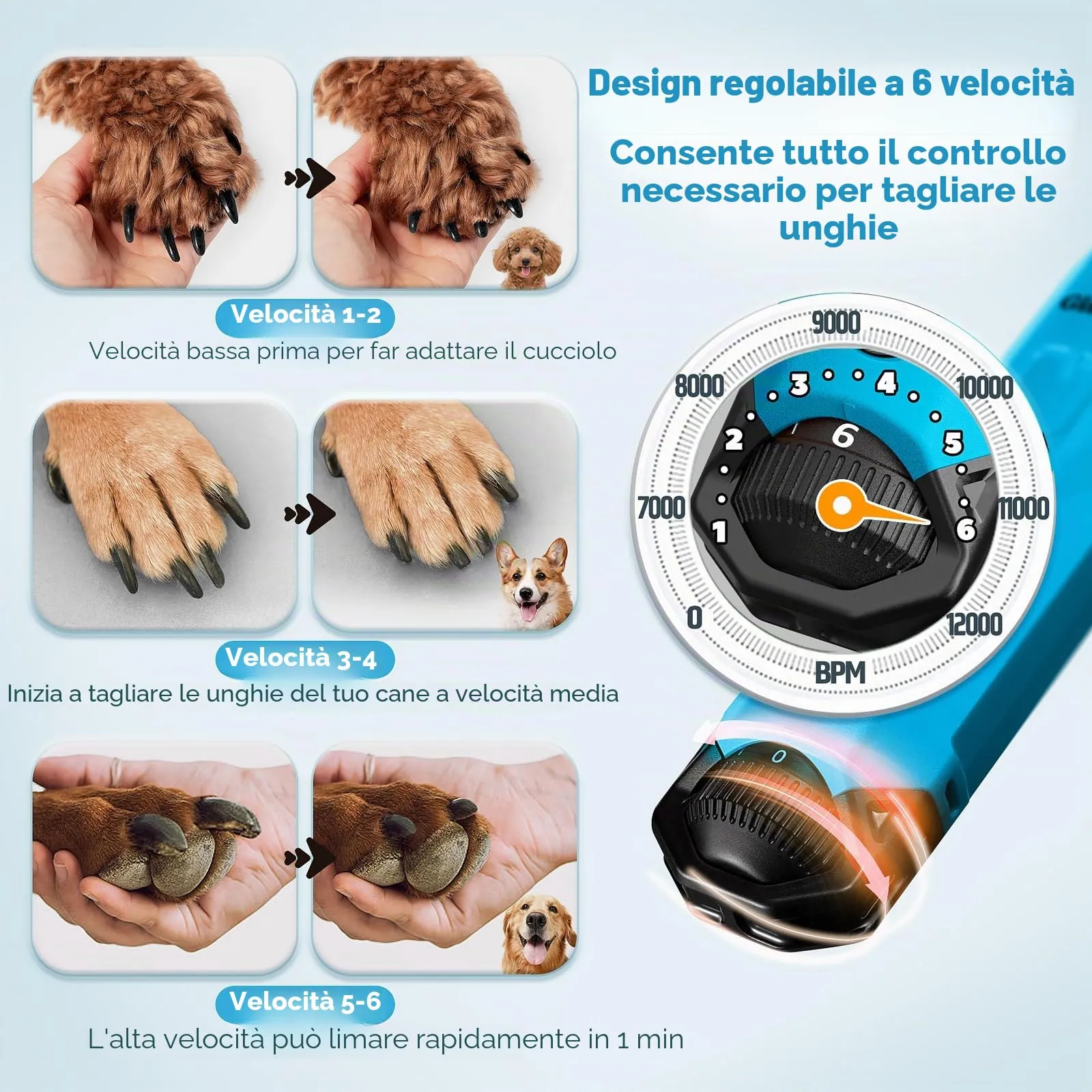 Gimars Tagliaunghie Elettrico per Cani, 6 Velocità, Luce LED, Ricaricabile USB, 3 Testine, Blu - immagine 2