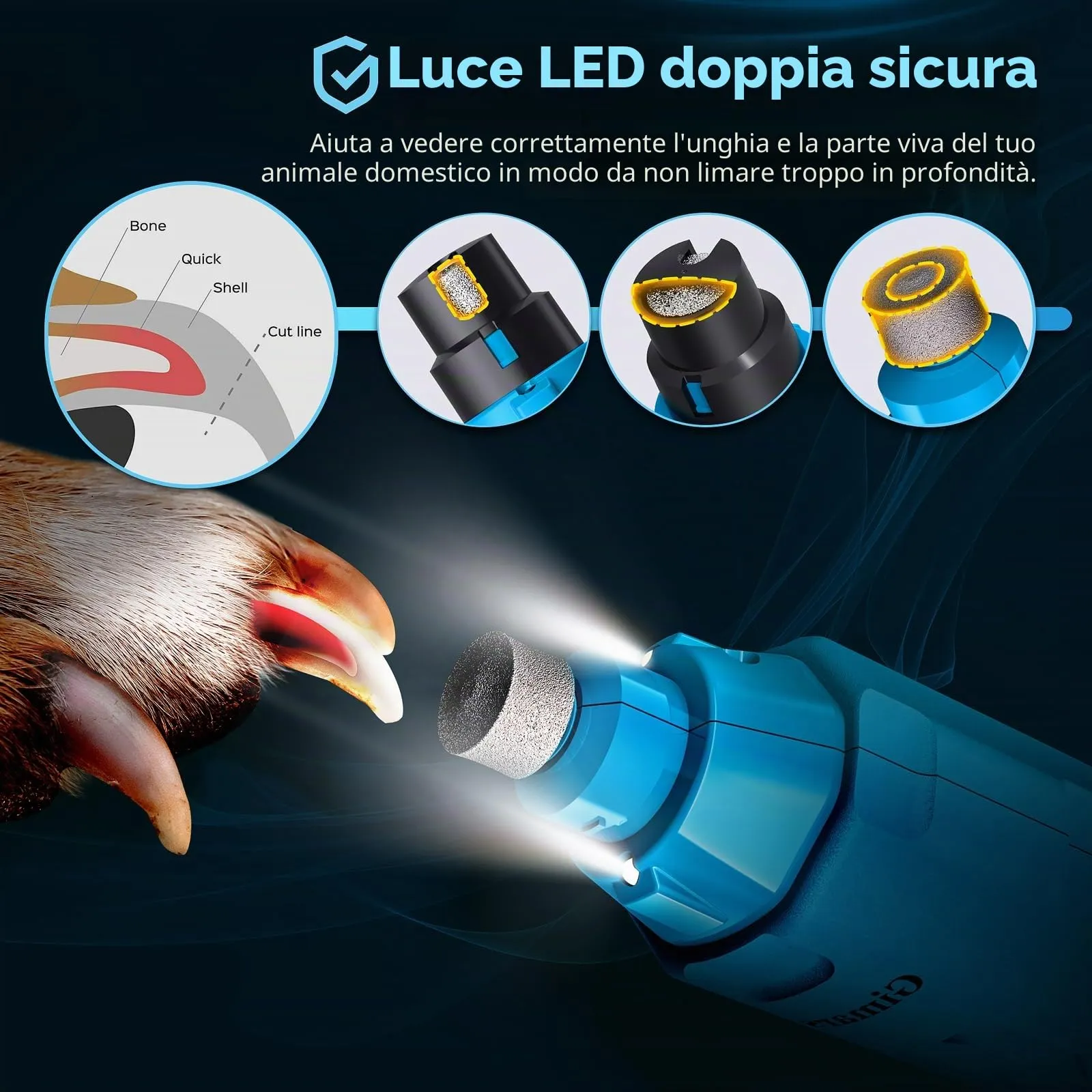 Gimars Tagliaunghie Elettrico per Cani, 6 Velocità, Luce LED, Ricaricabile USB, 3 Testine, Blu - immagine 4