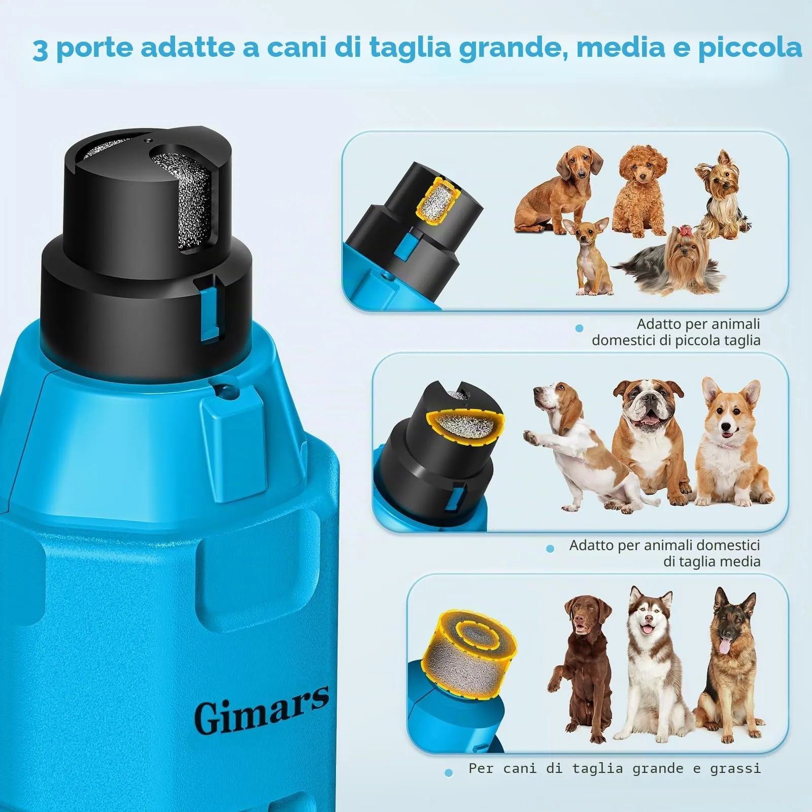 Gimars Tagliaunghie Elettrico per Cani, 6 Velocità, Luce LED, Ricaricabile USB, 3 Testine, Blu - immagine 5