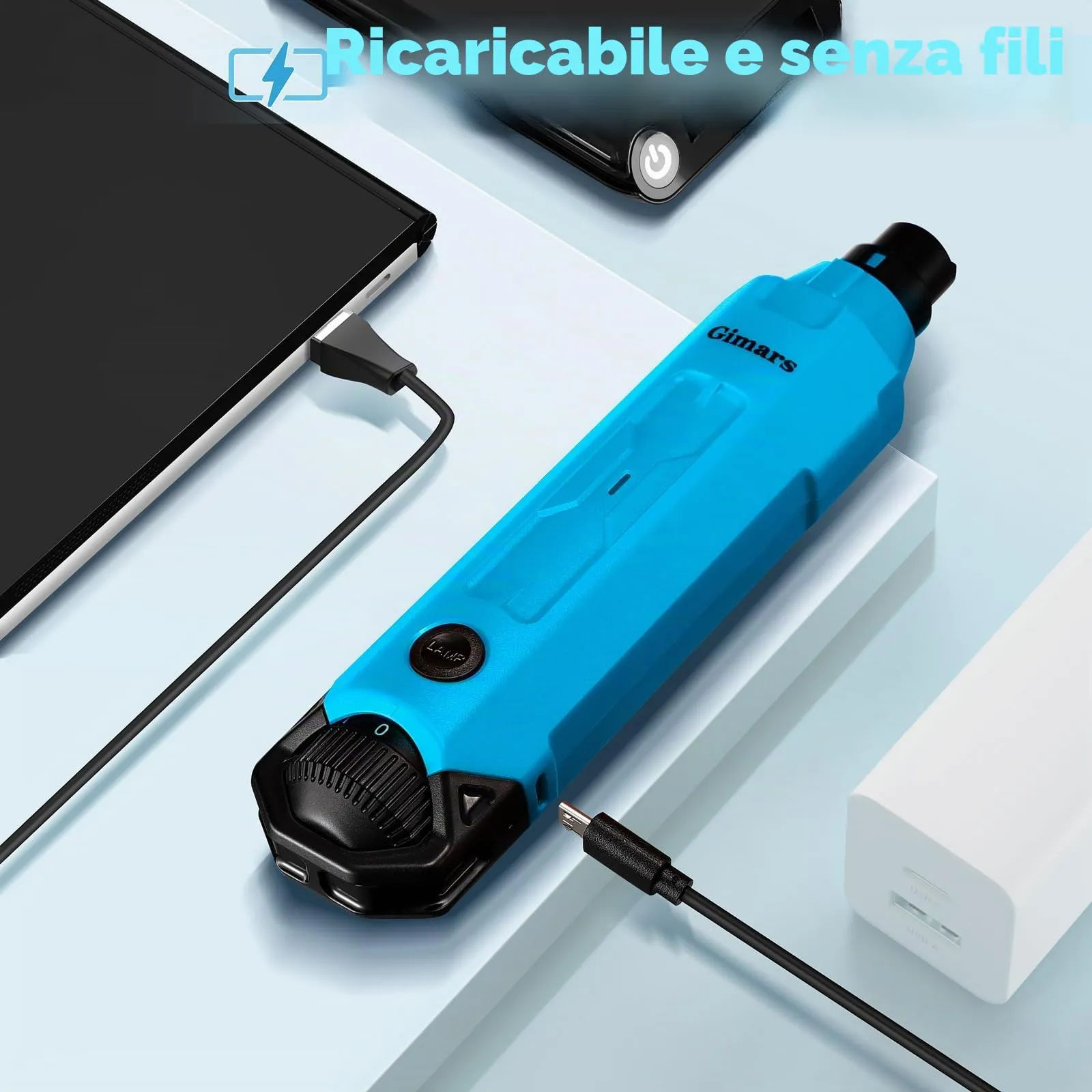 Gimars Tagliaunghie Elettrico per Cani, 6 Velocità, Luce LED, Ricaricabile USB, 3 Testine, Blu - immagine 6