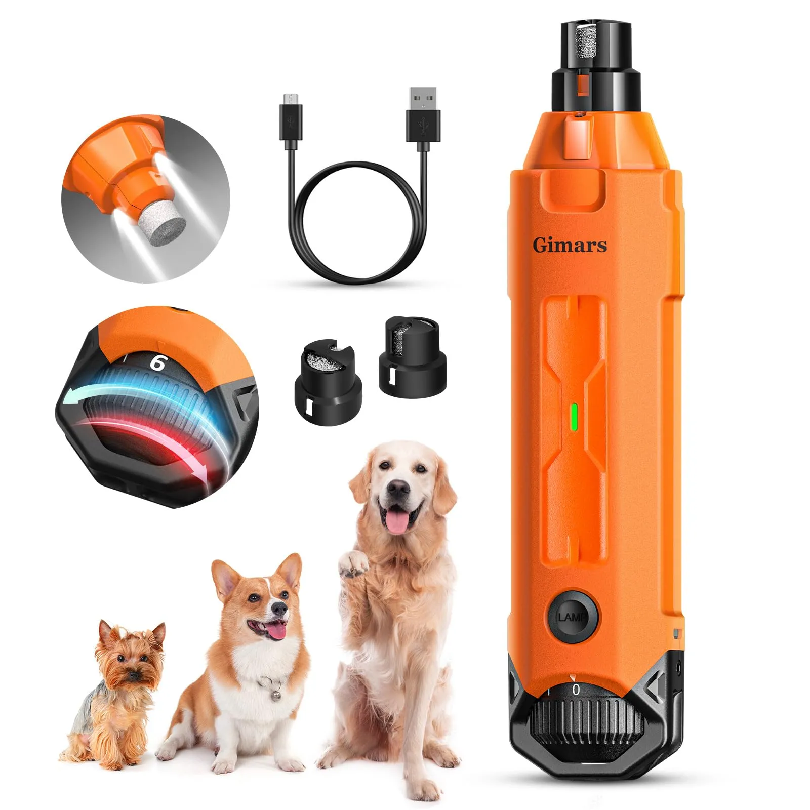 Gimars Tagliaunghie Elettrico per Cani, 6 velocità, Luce LED, Ricaricabile USB, 3 Porte, Arancia - immagine 1