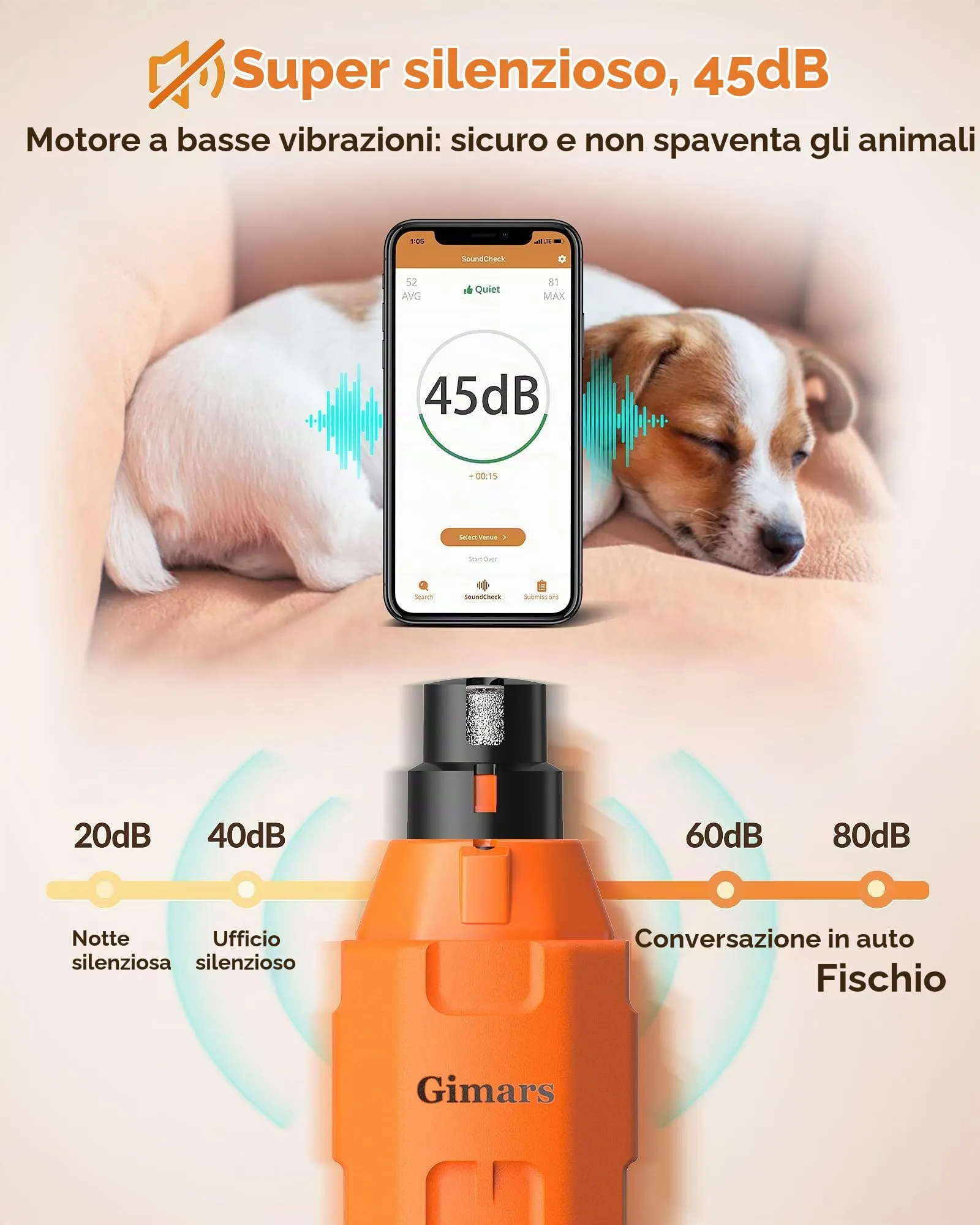 Gimars Tagliaunghie Elettrico per Cani, 6 velocità, Luce LED, Ricaricabile USB, 3 Porte, Arancia - immagine 3