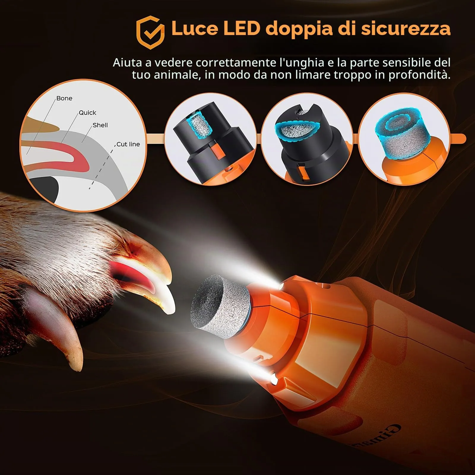 Gimars Tagliaunghie Elettrico per Cani, 6 velocità, Luce LED, Ricaricabile USB, 3 Porte, Arancia - immagine 4