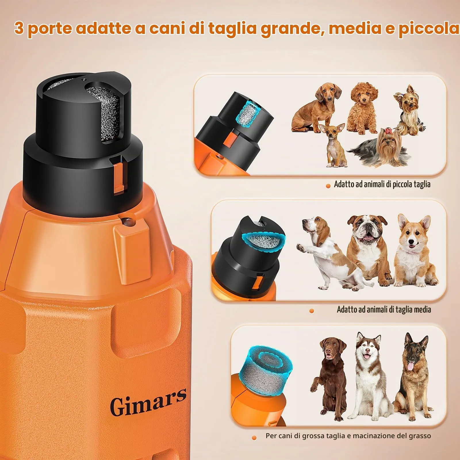 Gimars Tagliaunghie Elettrico per Cani, 6 velocità, Luce LED, Ricaricabile USB, 3 Porte, Arancia - immagine 5